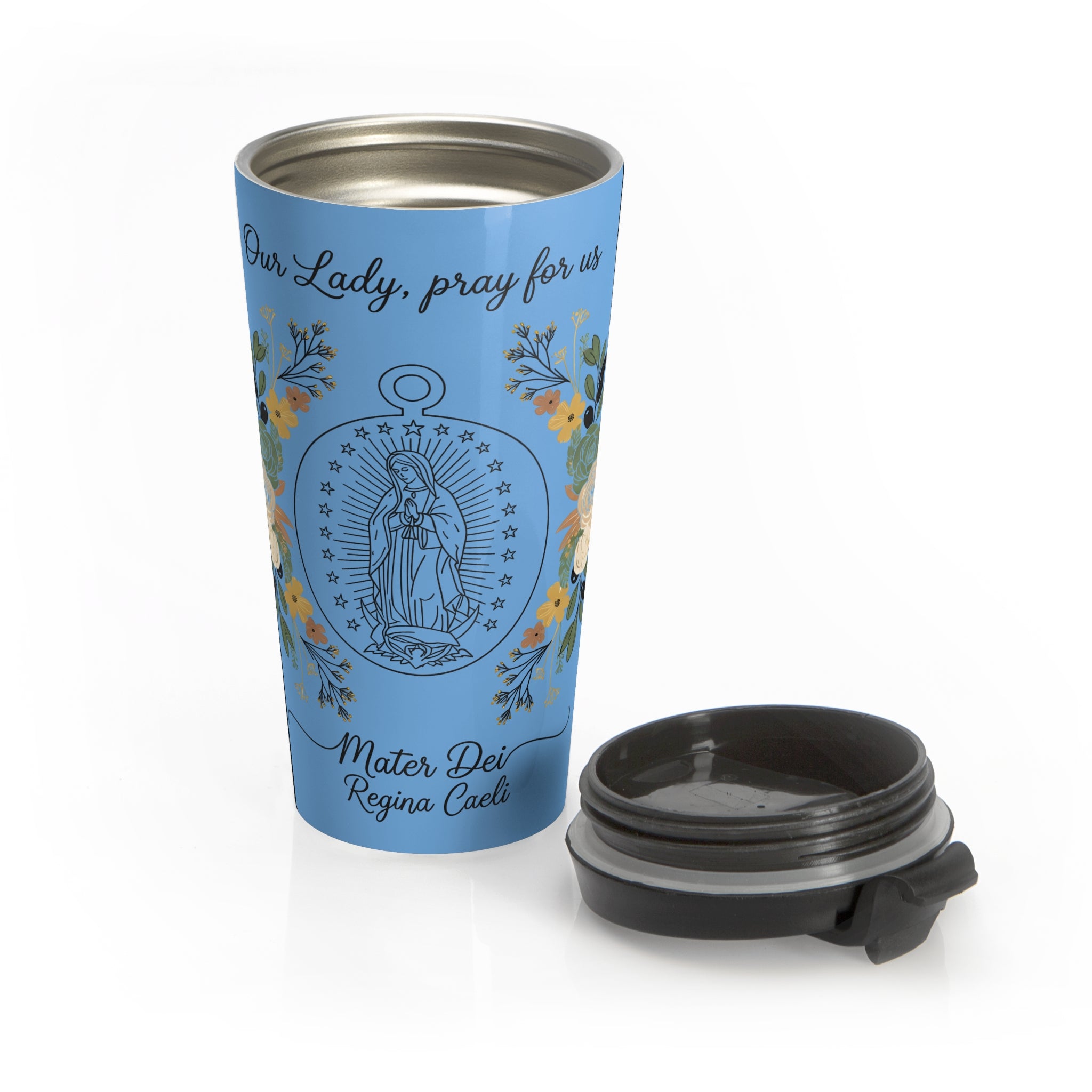 Taza de viaje Mater Dei de Nuestra Señora, ruega por nosotros - Vaso de oración de la Virgen María católica 