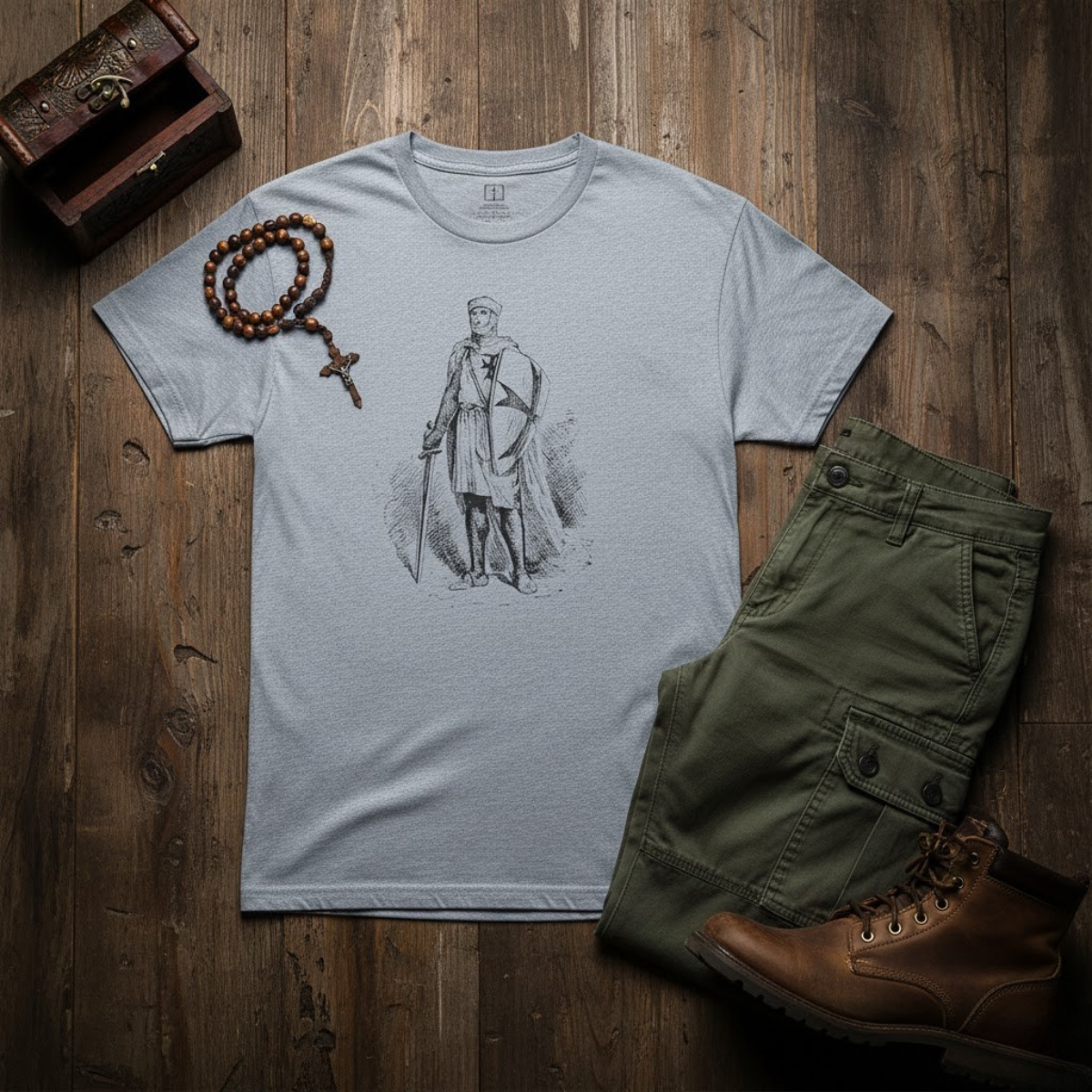 Men’s gray t-shirt featuring a vintage illustration of a crusader knight holding a sword and shield — faith-inspired apparel for men.