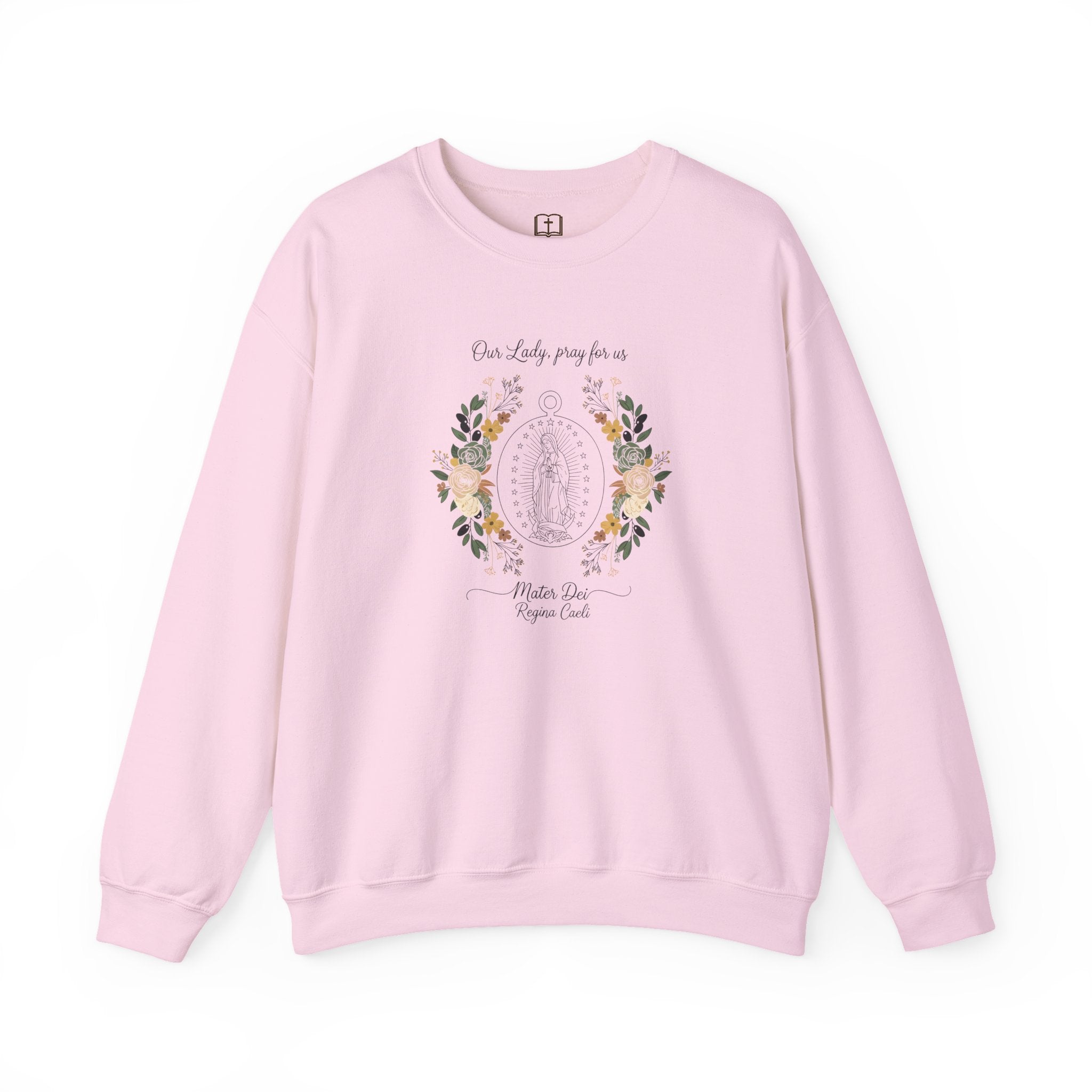 Our Lady, Pray for Us Floral Miraculous Medal Catholic Crewneck Sweatshirt