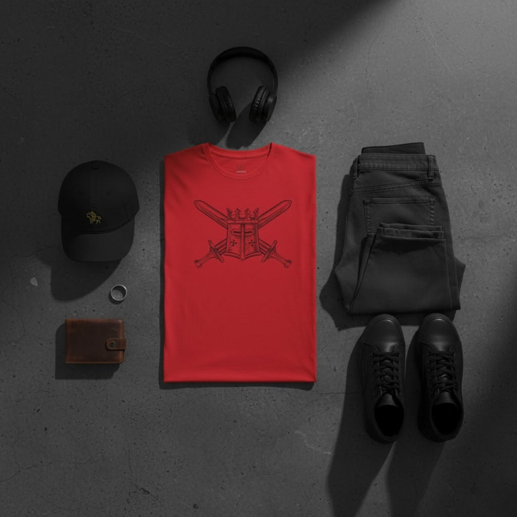 Red men’s t-shirt featuring a bold black graphic of a crowned knight helmet and crossed swords — Christian warrior apparel symbolizing faith and courage.