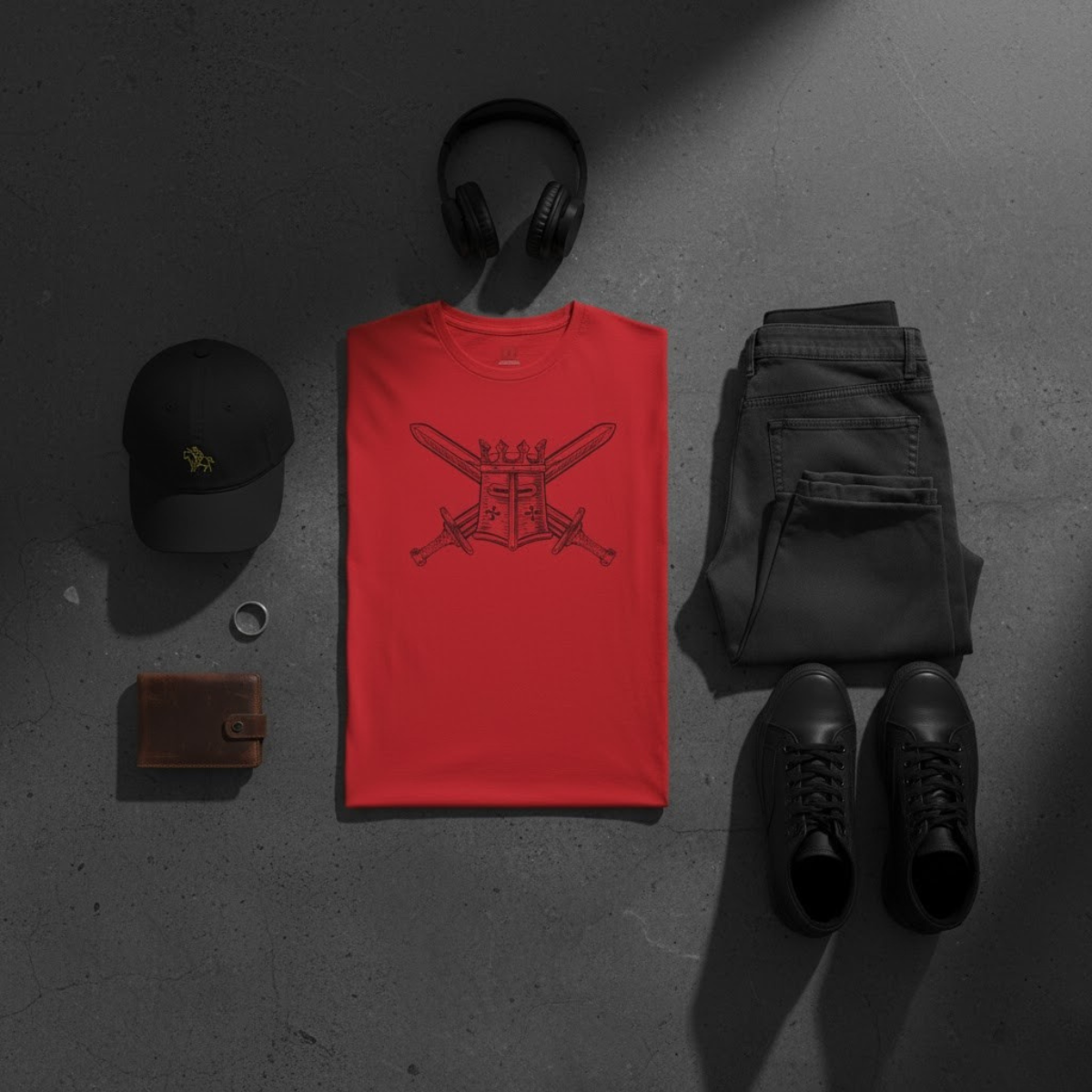 Red men’s t-shirt featuring a bold black graphic of a crowned knight helmet and crossed swords — Christian warrior apparel symbolizing faith and courage.