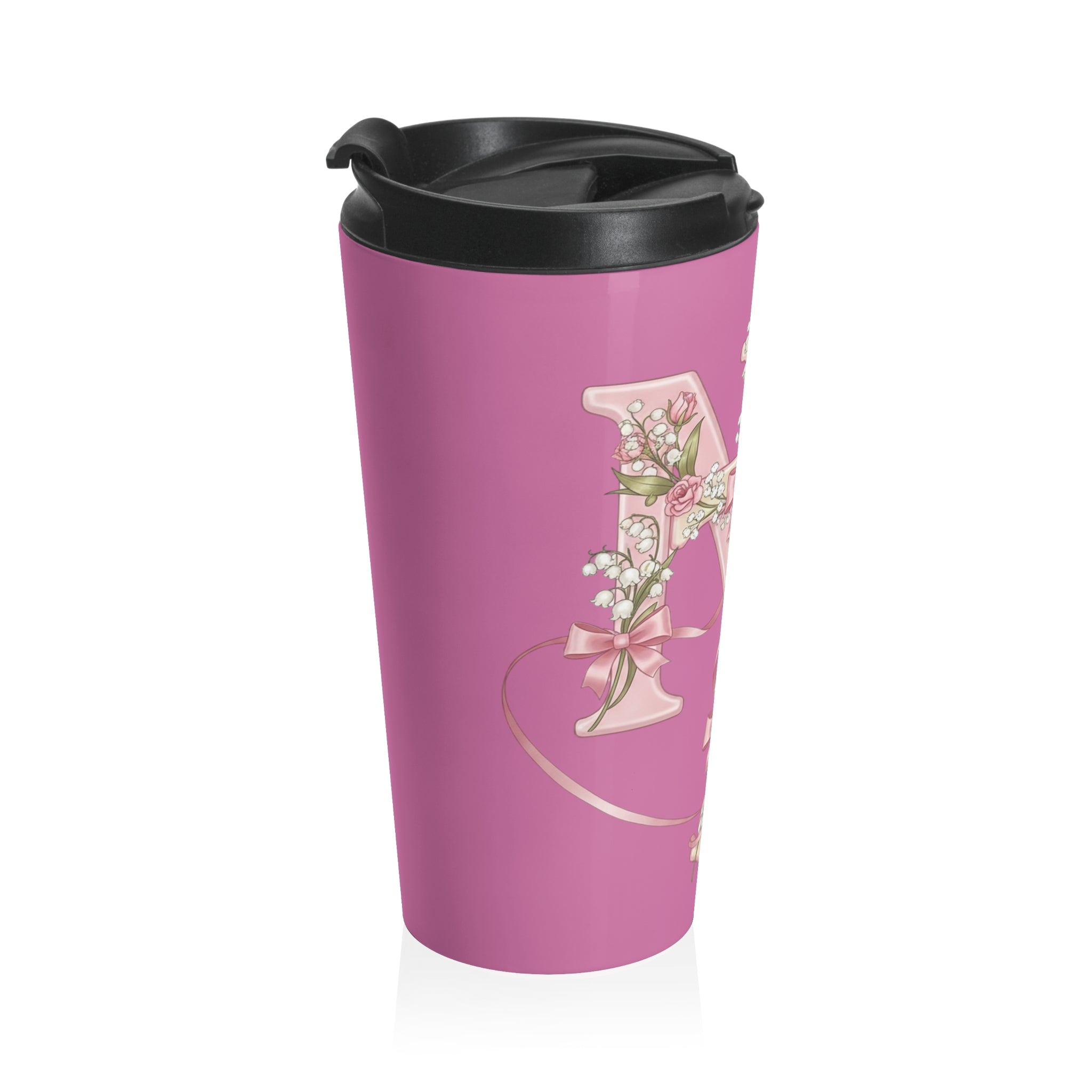 Taza de viaje con monograma floral de la Virgen María | Taza de viaje rosa con inspiración religiosa 