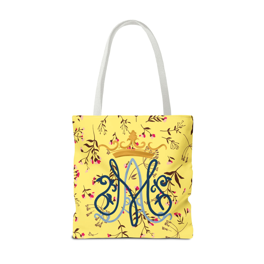 Bolso tote con monograma mariano floral dorado – Colección Reina del Cielo