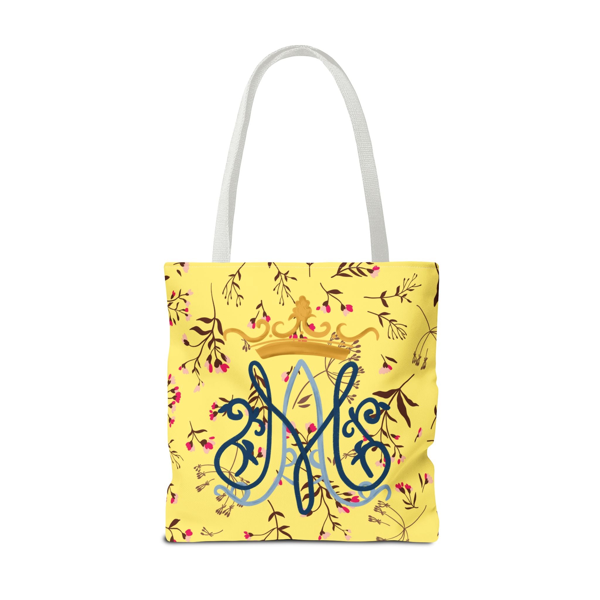 Bolso tote con monograma mariano floral dorado – Colección Reina del Cielo