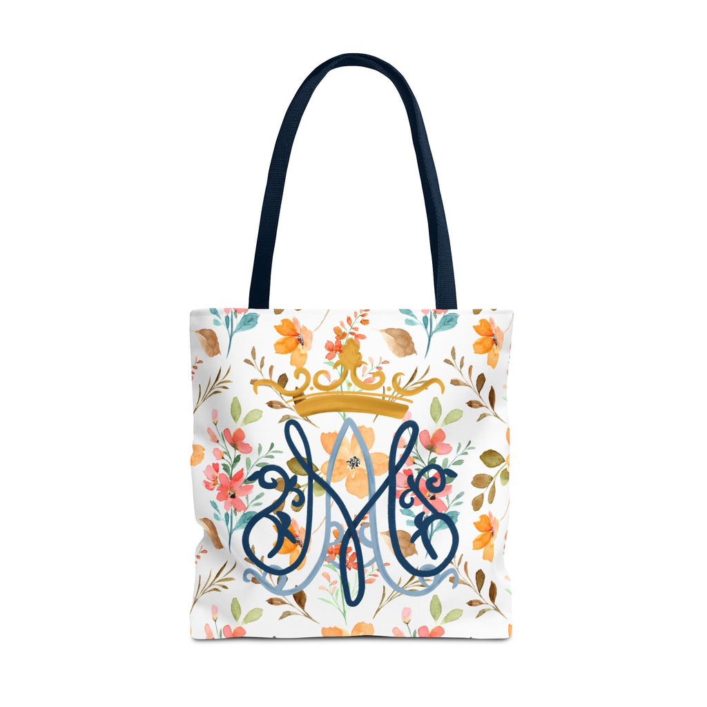 Bolso tote con monograma floral mariano – Colección Reina del Cielo