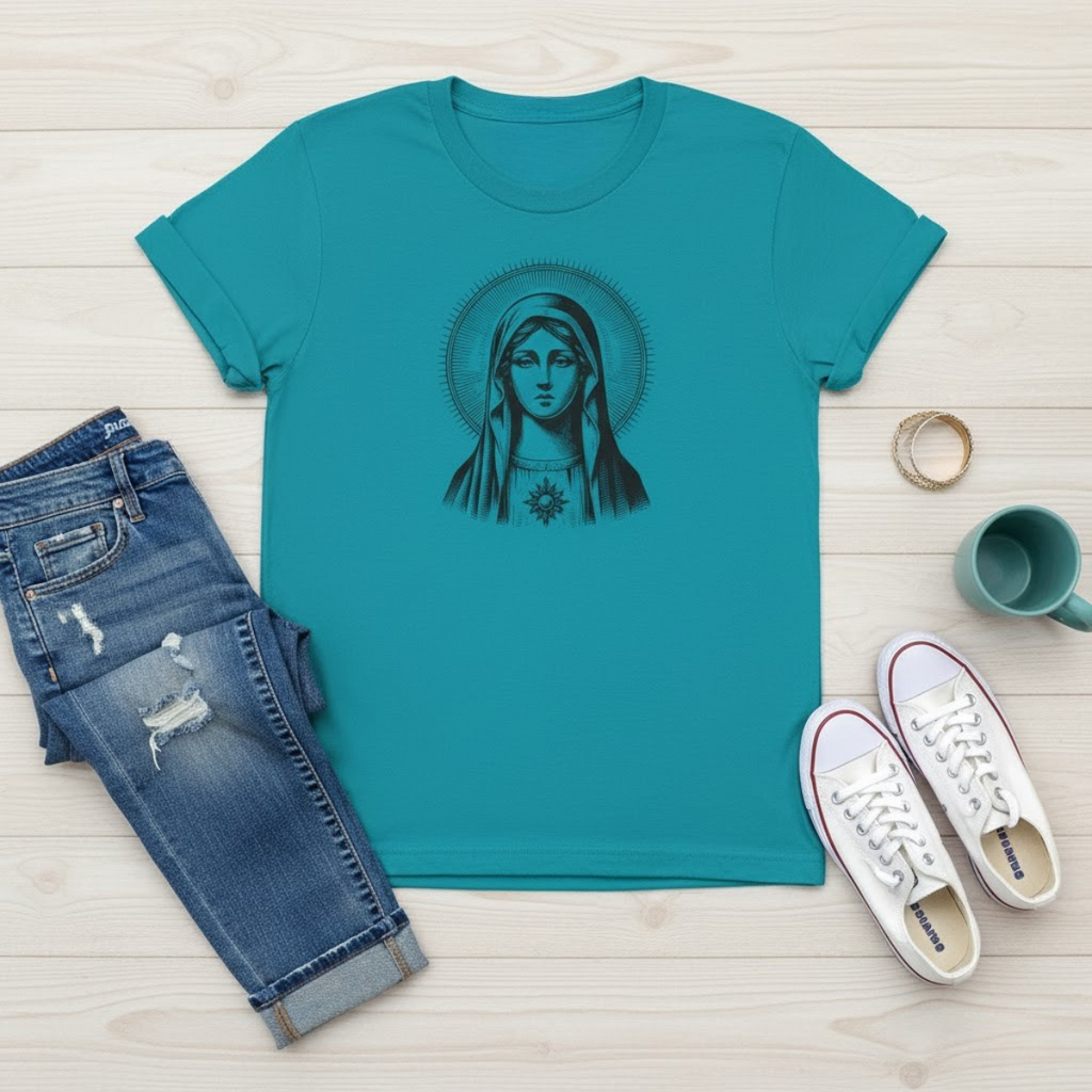 Blue women’s t-shirt featuring a vintage illustration of the Blessed Virgin Mary — faith-based apparel for Catholic women.