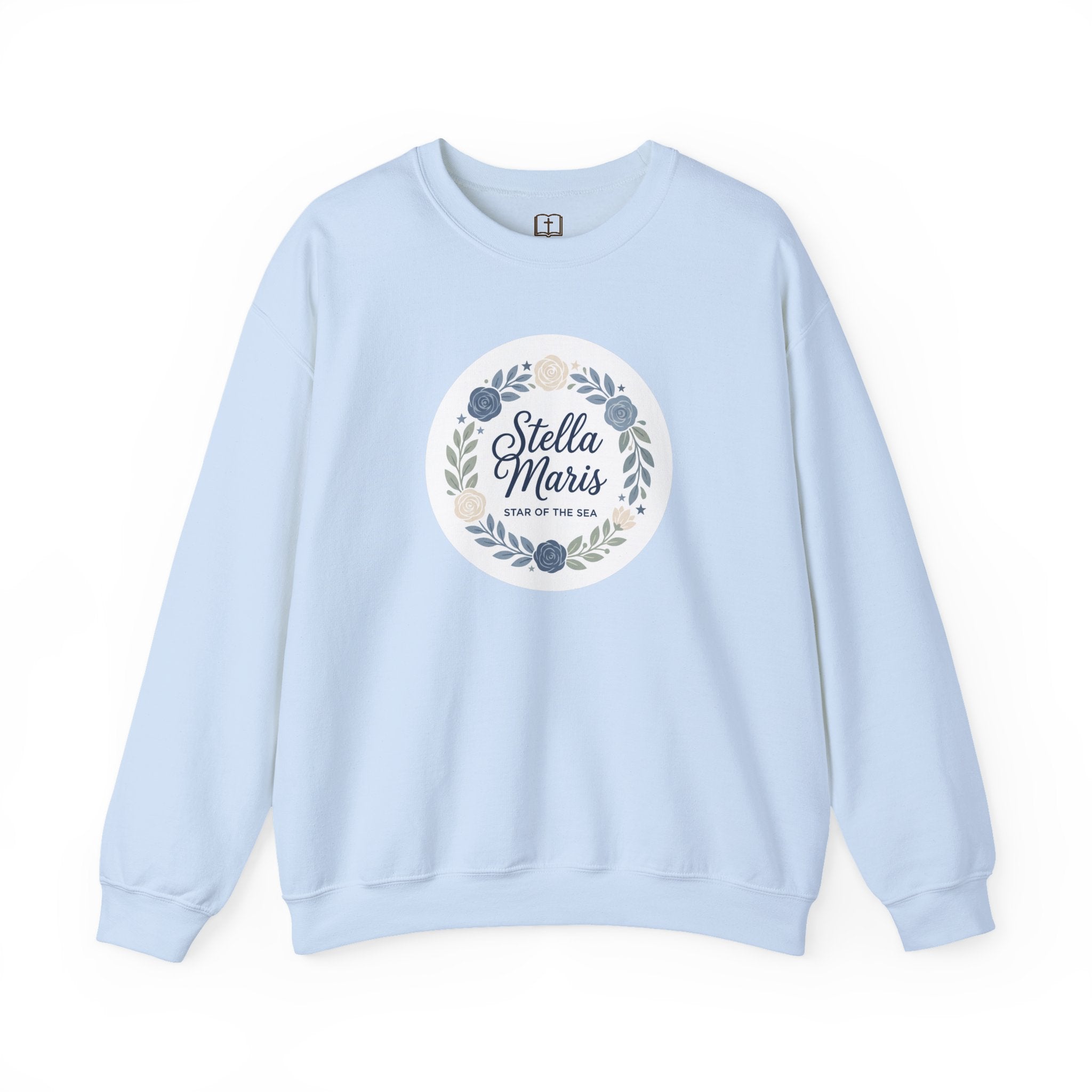 Sudadera católica de cuello redondo con corona floral "Estrella del Mar" de Stella Maris