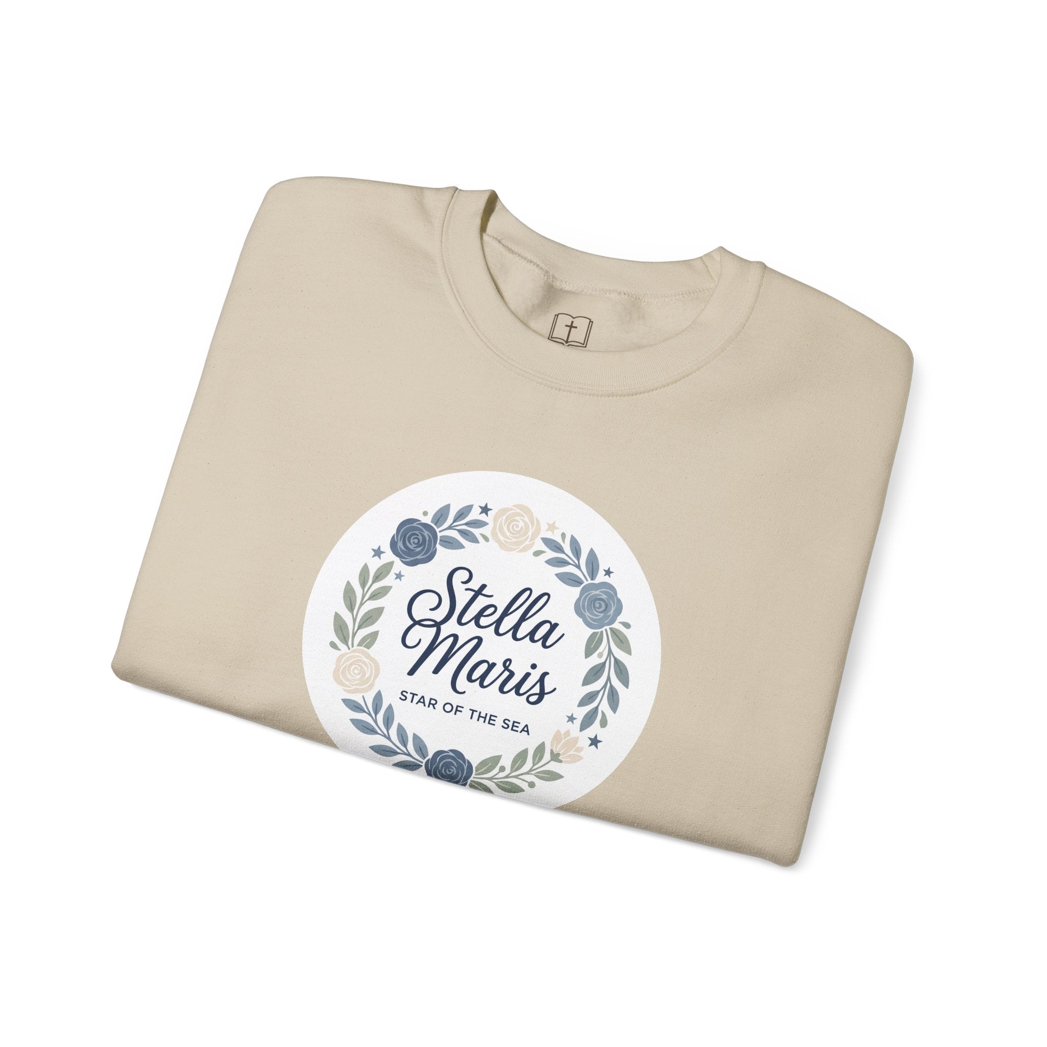 Sudadera católica de cuello redondo con corona floral "Estrella del Mar" de Stella Maris