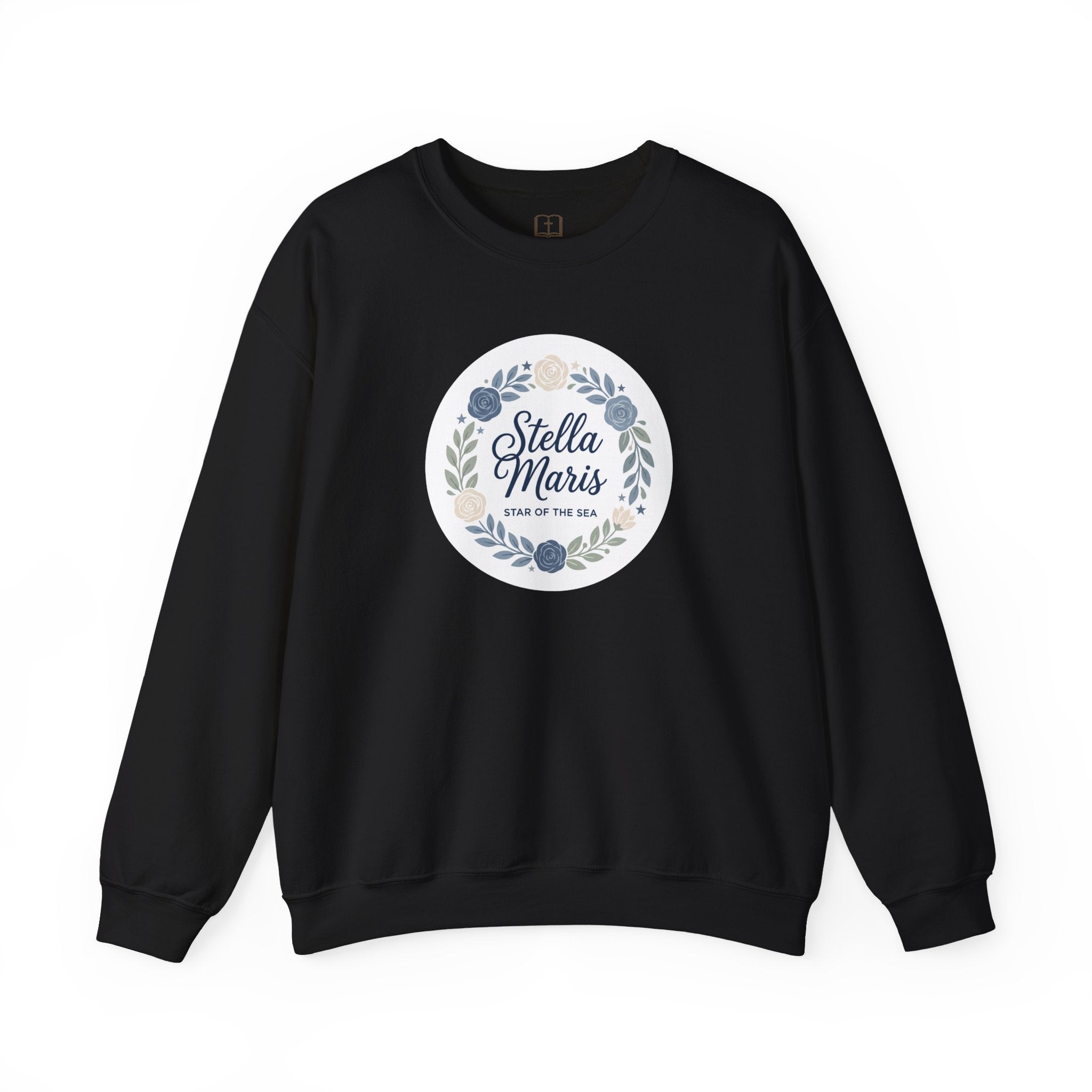 Sudadera católica de cuello redondo con corona floral "Estrella del Mar" de Stella Maris