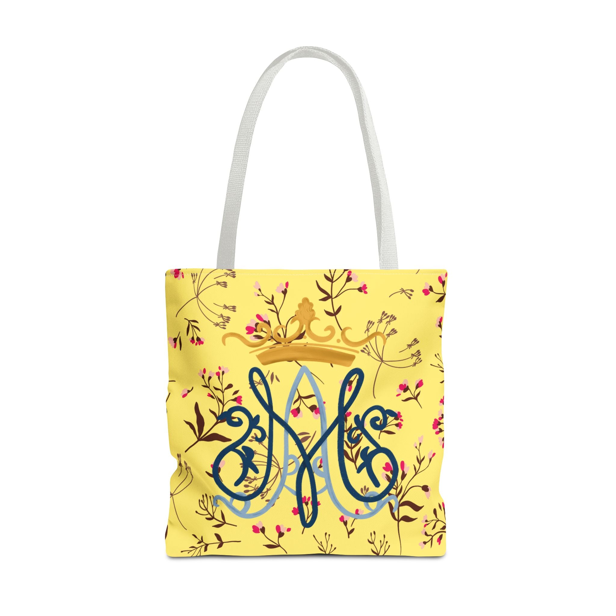 Bolso tote con monograma mariano floral dorado – Colección Reina del Cielo