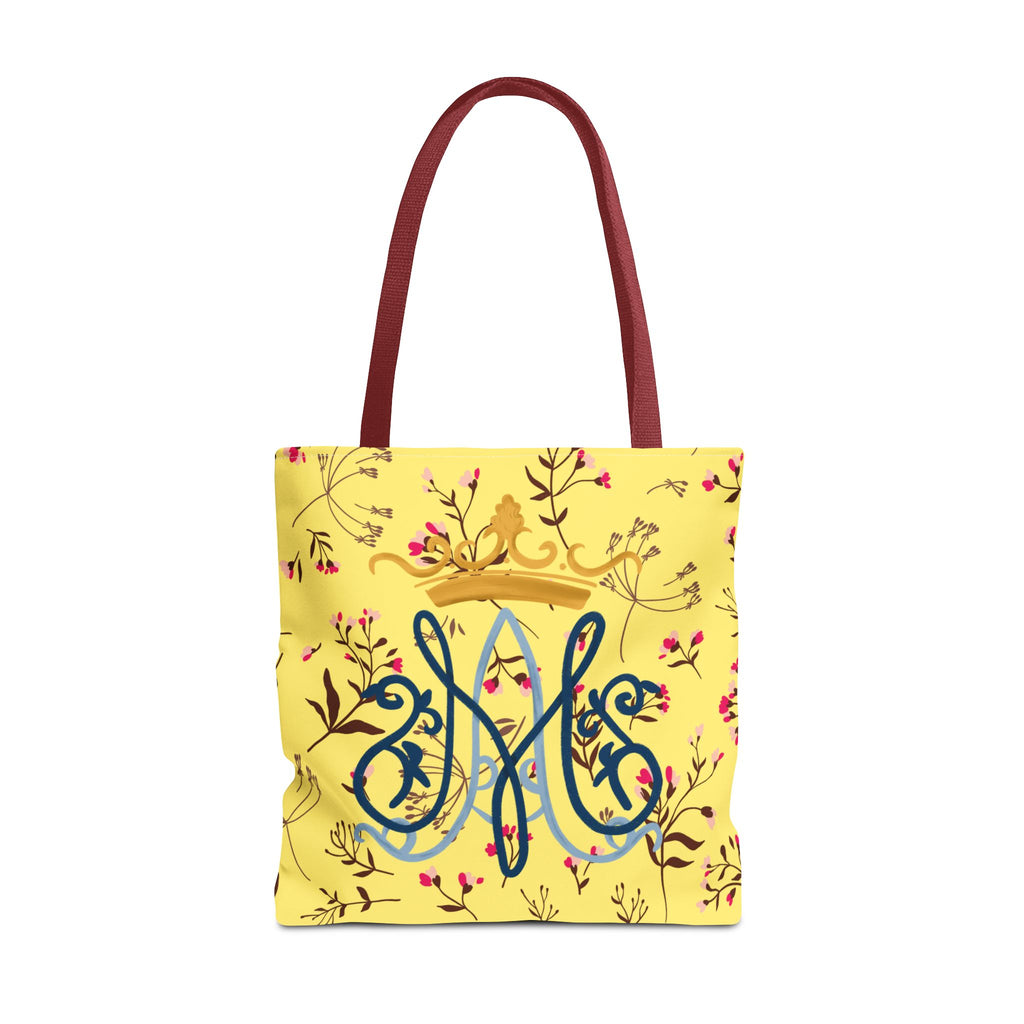 Bolso tote con monograma mariano floral dorado – Colección Reina del Cielo