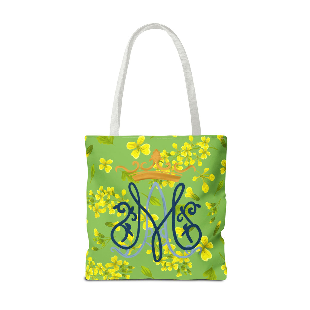 Bolso tote con monograma mariano floral verde – Colección Reina del Cielo