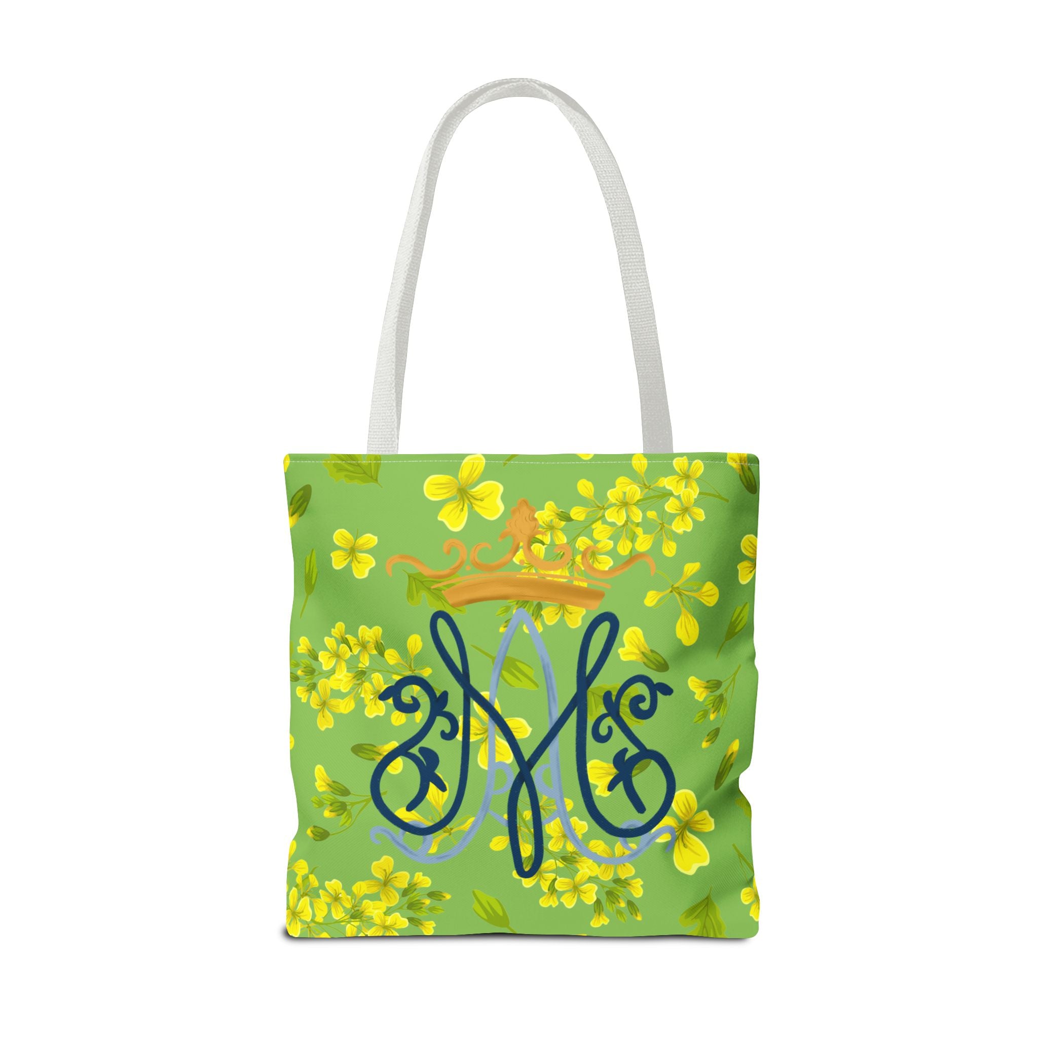 Bolso tote con monograma mariano floral verde – Colección Reina del Cielo
