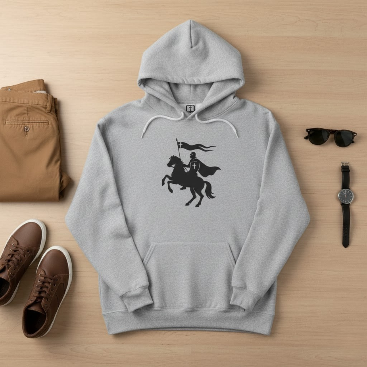 Gray men’s hoodie featuring a knight on horseback carrying a cross flag — Catholic apparel symbolizing strength, faith, and fatherhood.
