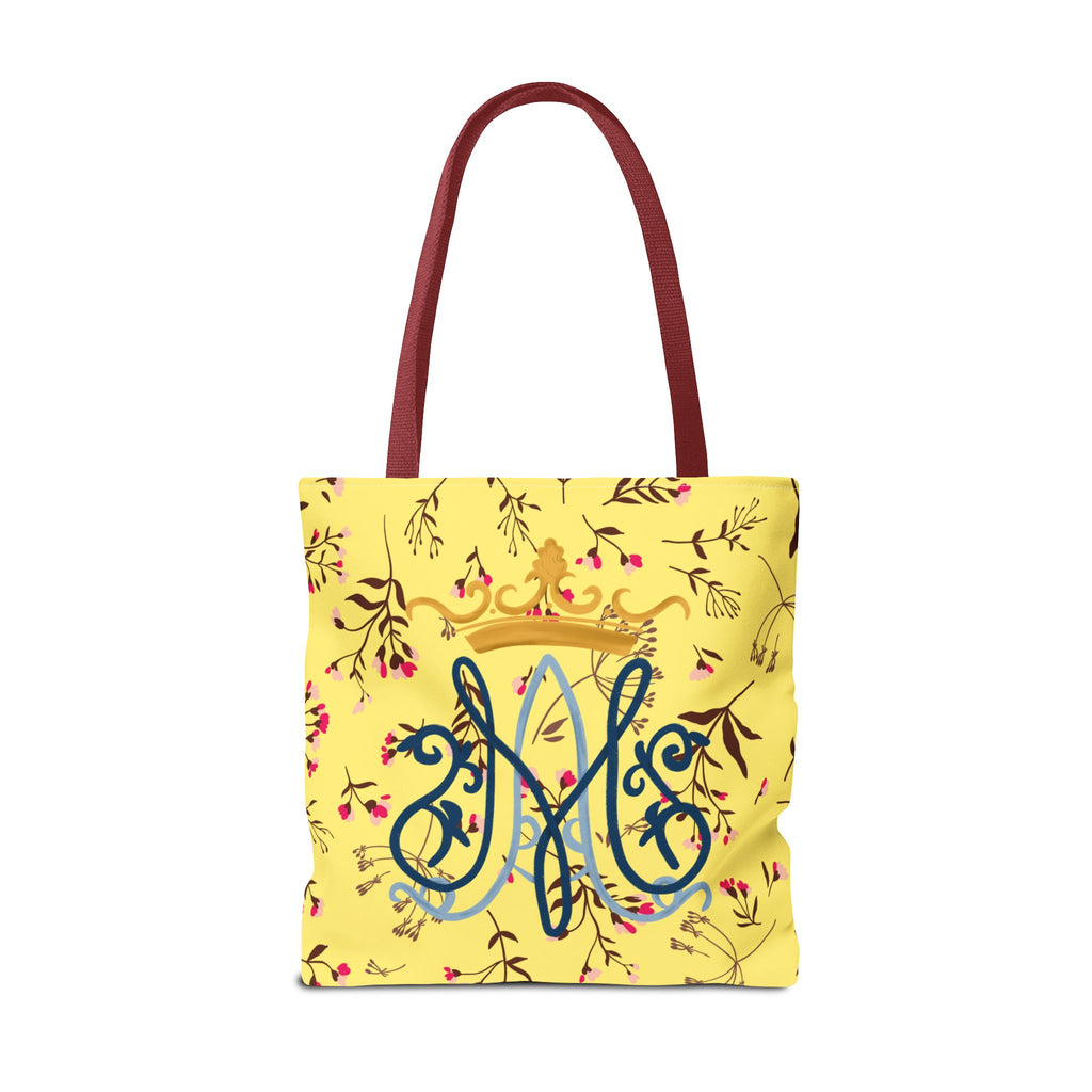 Bolso tote con monograma mariano floral dorado – Colección Reina del Cielo