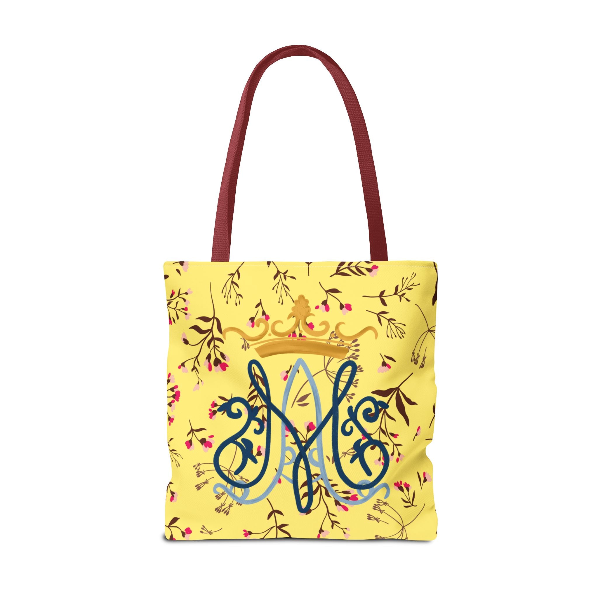 Bolso tote con monograma mariano floral dorado – Colección Reina del Cielo