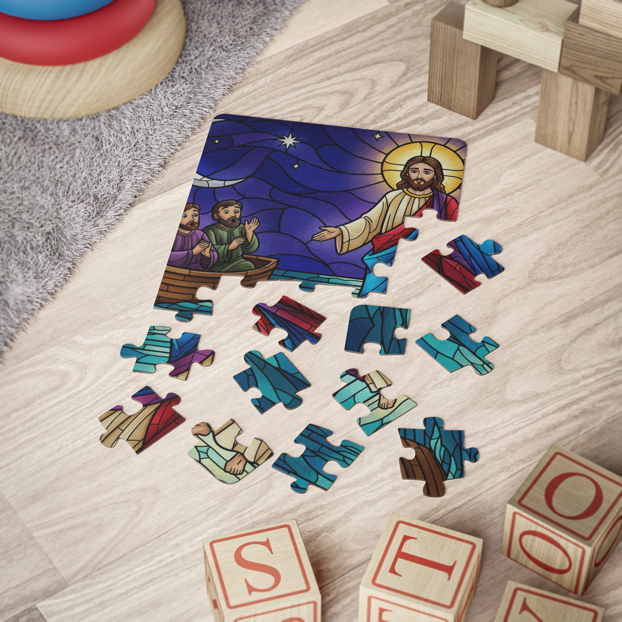 Kids' Puzzle – Jesus Walks on Water Stained Glass 30-Piece Religious Puzzle