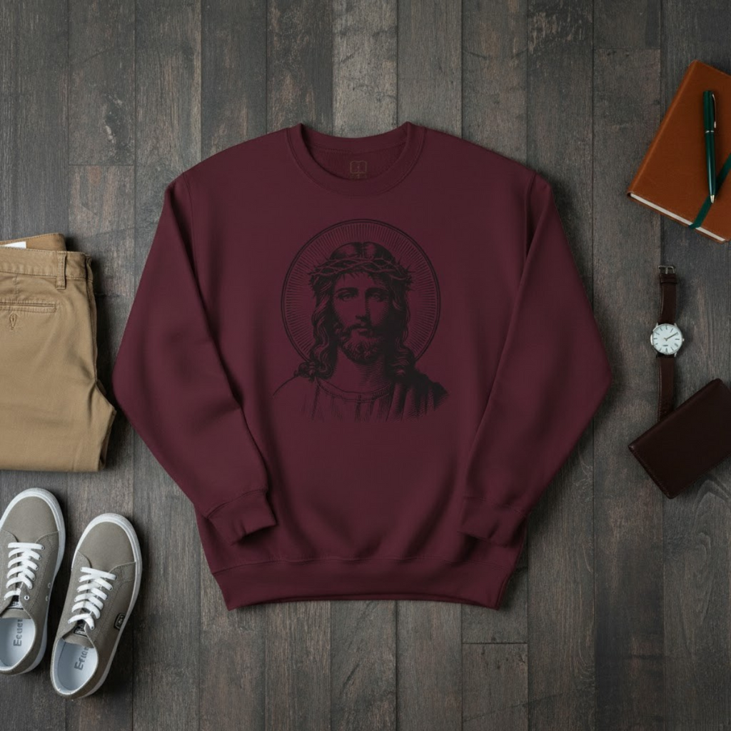 Burgundy men’s crewneck sweatshirt featuring a detailed Jesus Crown of Thorns design — modern Christian apparel for men of faith.