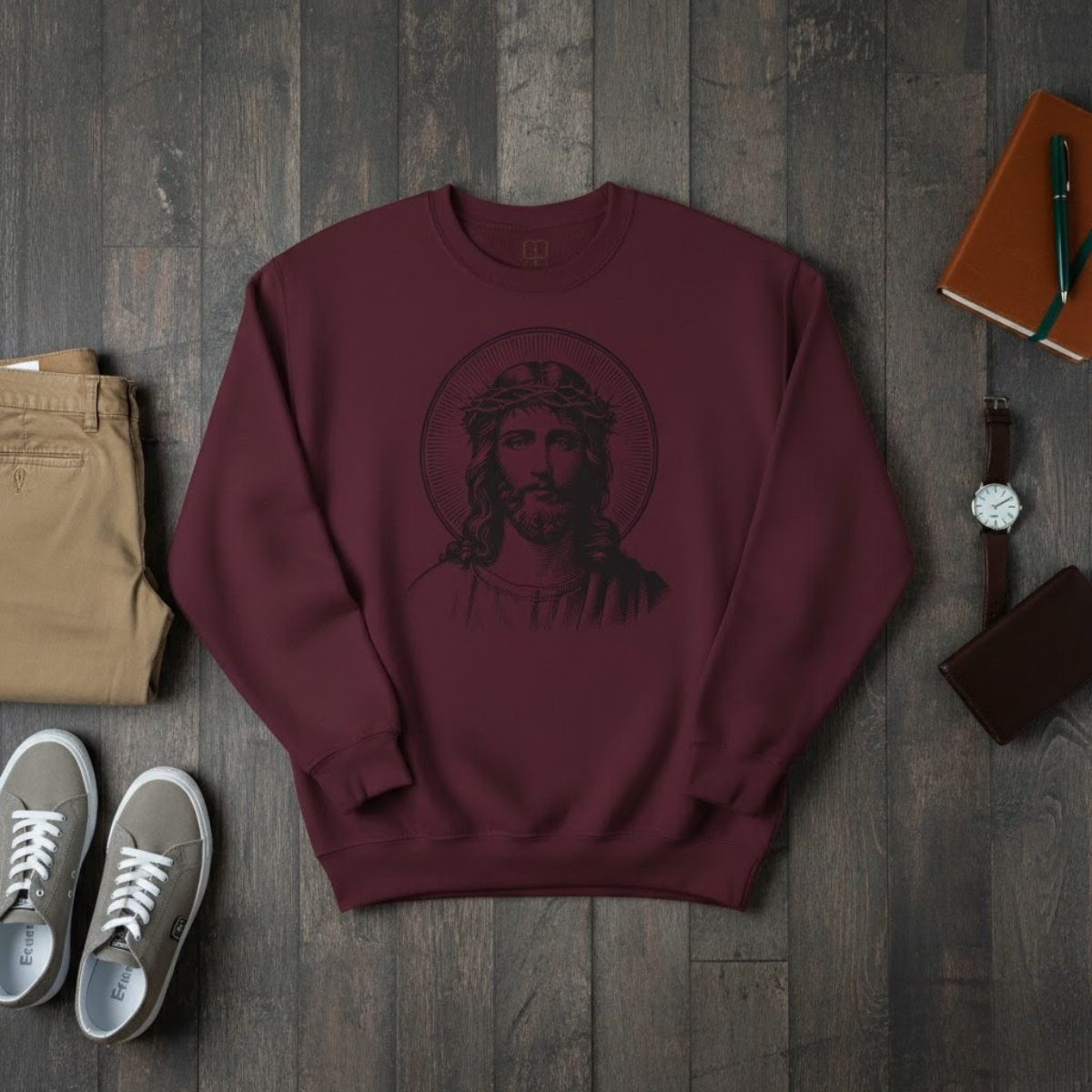 Burgundy men’s crewneck sweatshirt featuring a detailed Jesus Crown of Thorns design — modern Christian apparel for men of faith.