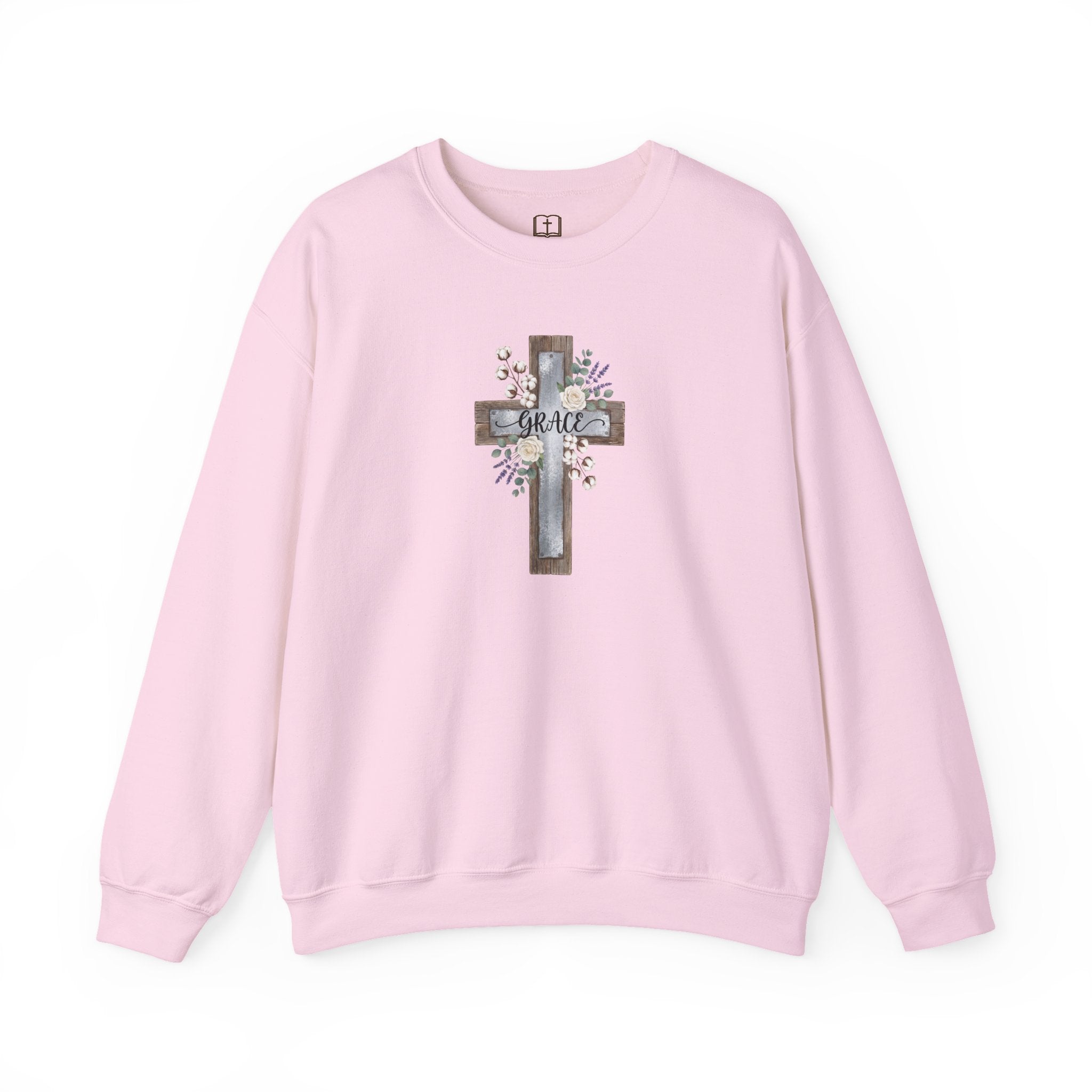 Sudadera católica con estampado floral Grace Cross - Cuello redondo de algodón y lavanda