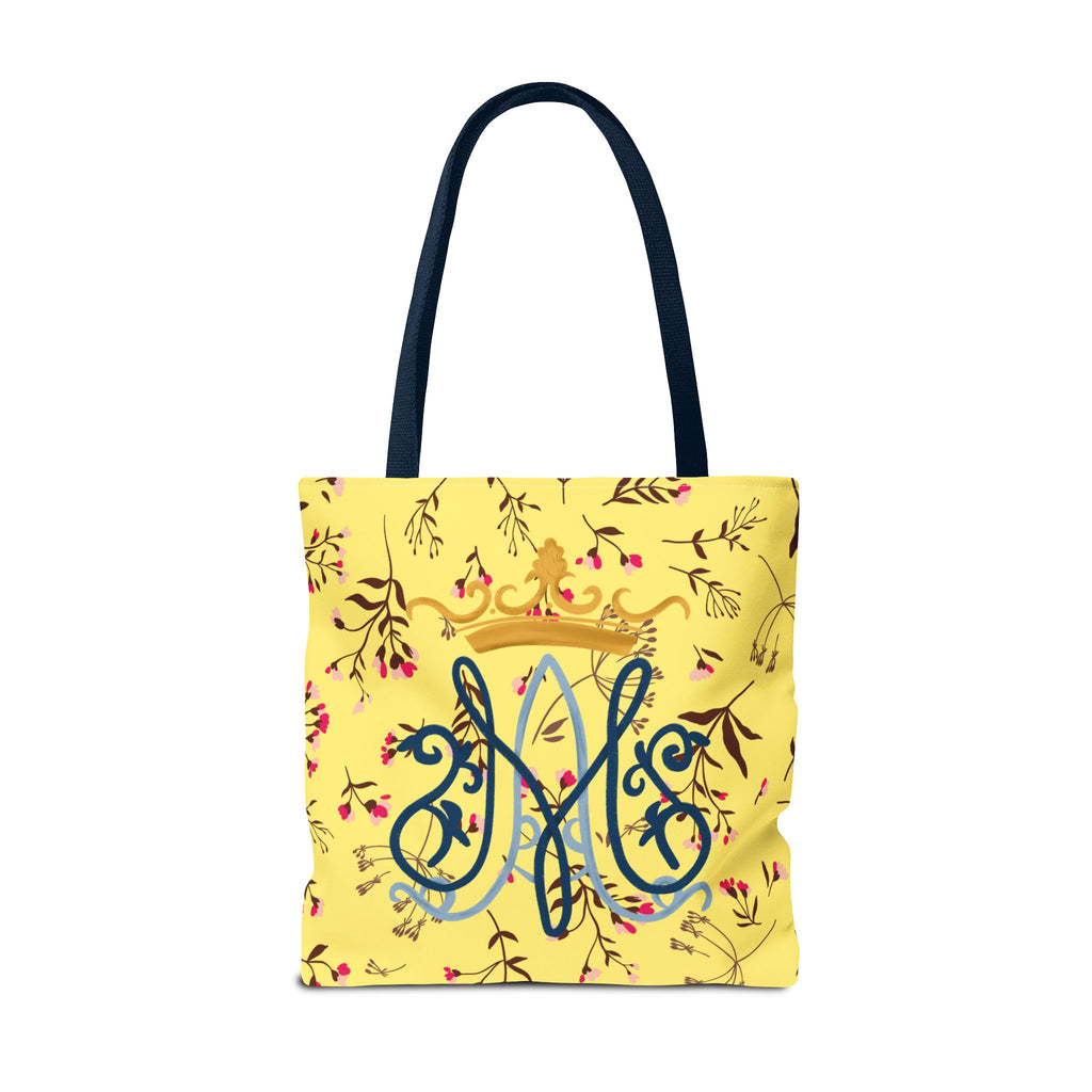 Bolso tote con monograma mariano floral dorado – Colección Reina del Cielo