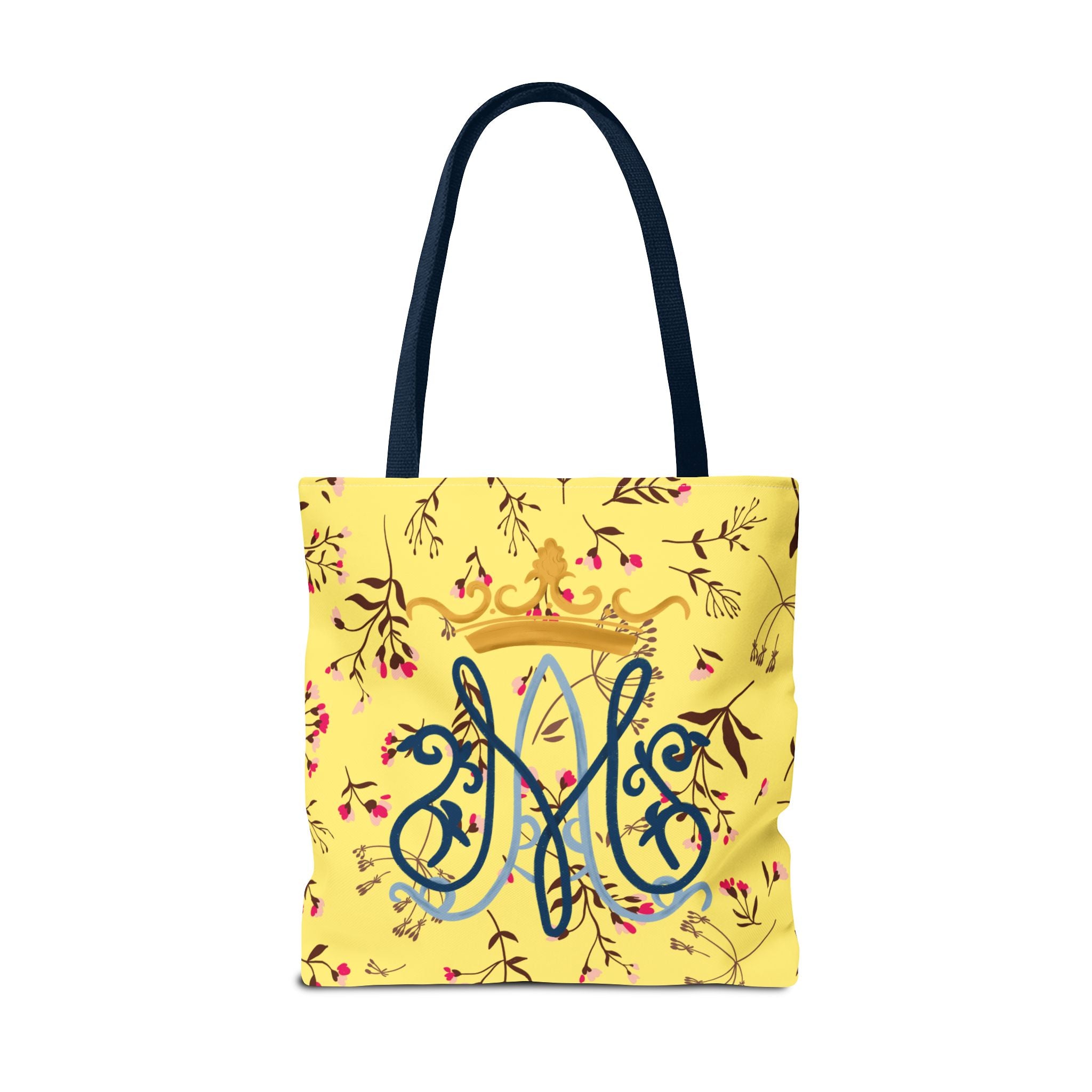 Bolso tote con monograma mariano floral dorado – Colección Reina del Cielo