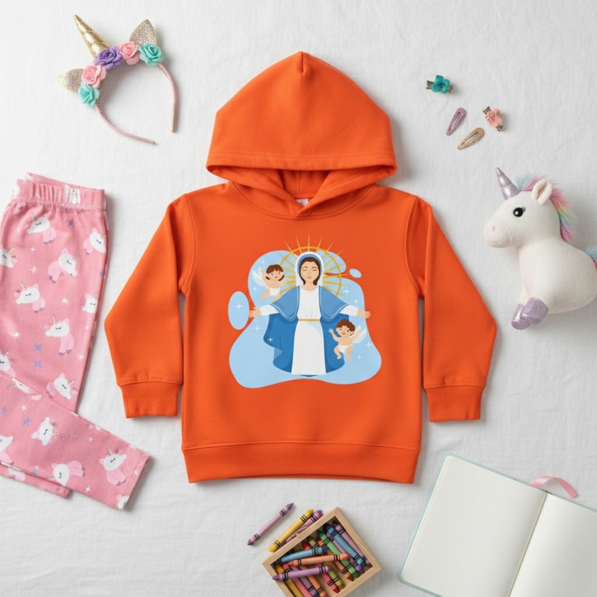 Bright orange toddler hoodie with a Virgin Mary and cherubs design — cozy Christian apparel for girls, faith-inspired and child-friendly.