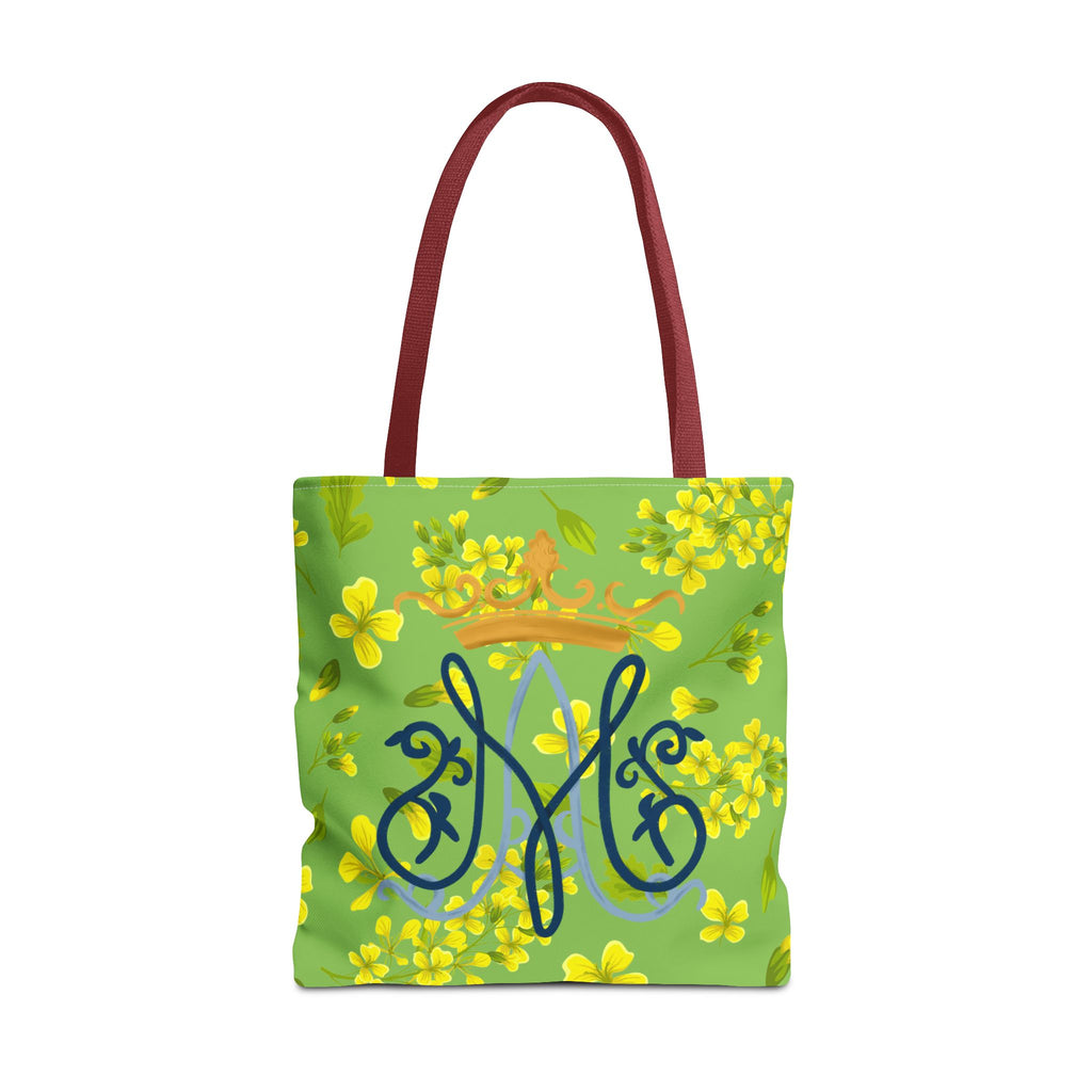 Bolso tote con monograma mariano floral verde – Colección Reina del Cielo