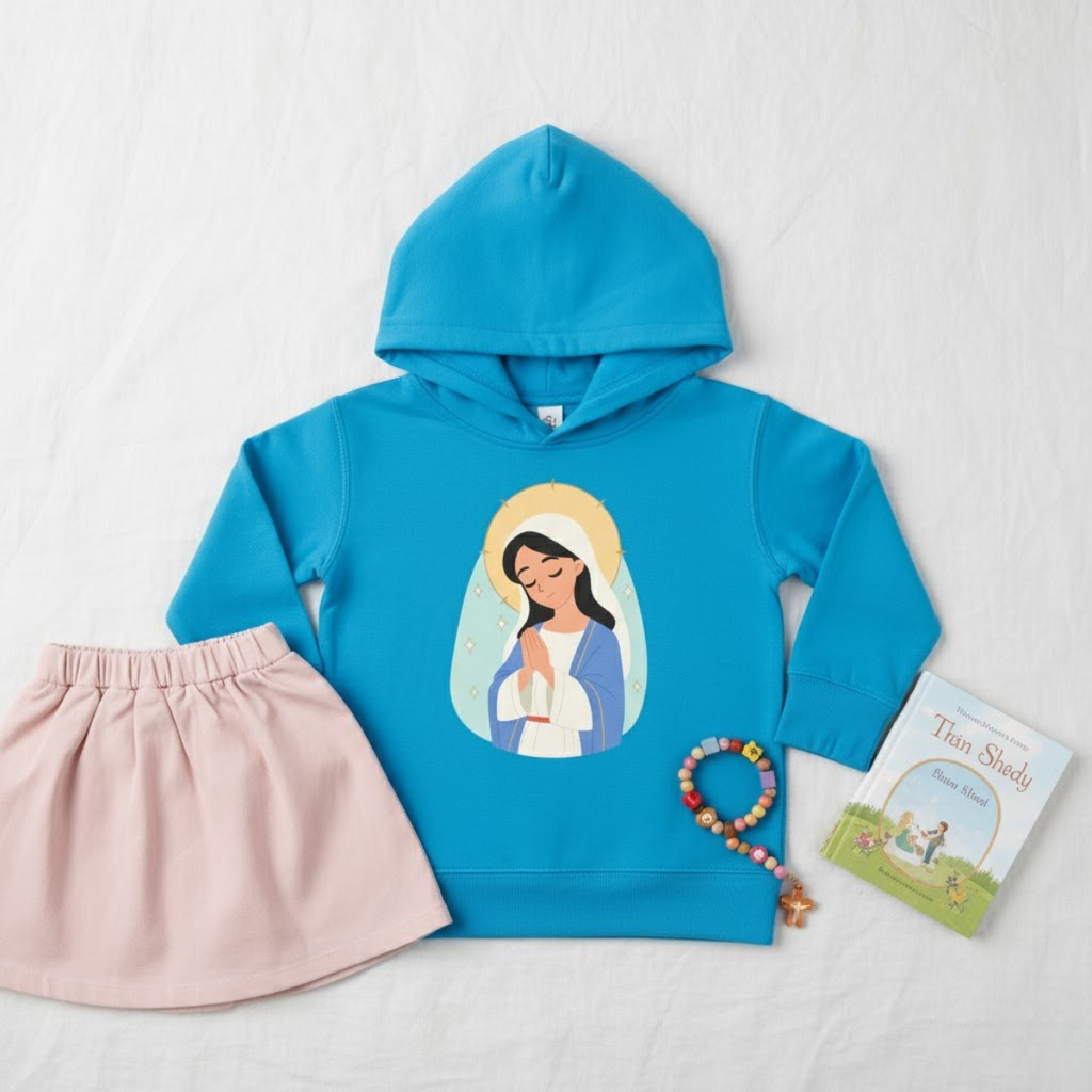 Bright blue toddler hoodie featuring the Virgin Mary in prayer — Christian hoodie for girls aged 5–7, cozy and faith-inspired.