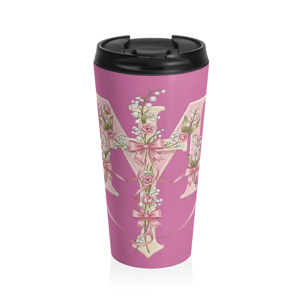 Taza de viaje con monograma floral de la Virgen María | Taza de viaje rosa con inspiración religiosa 
