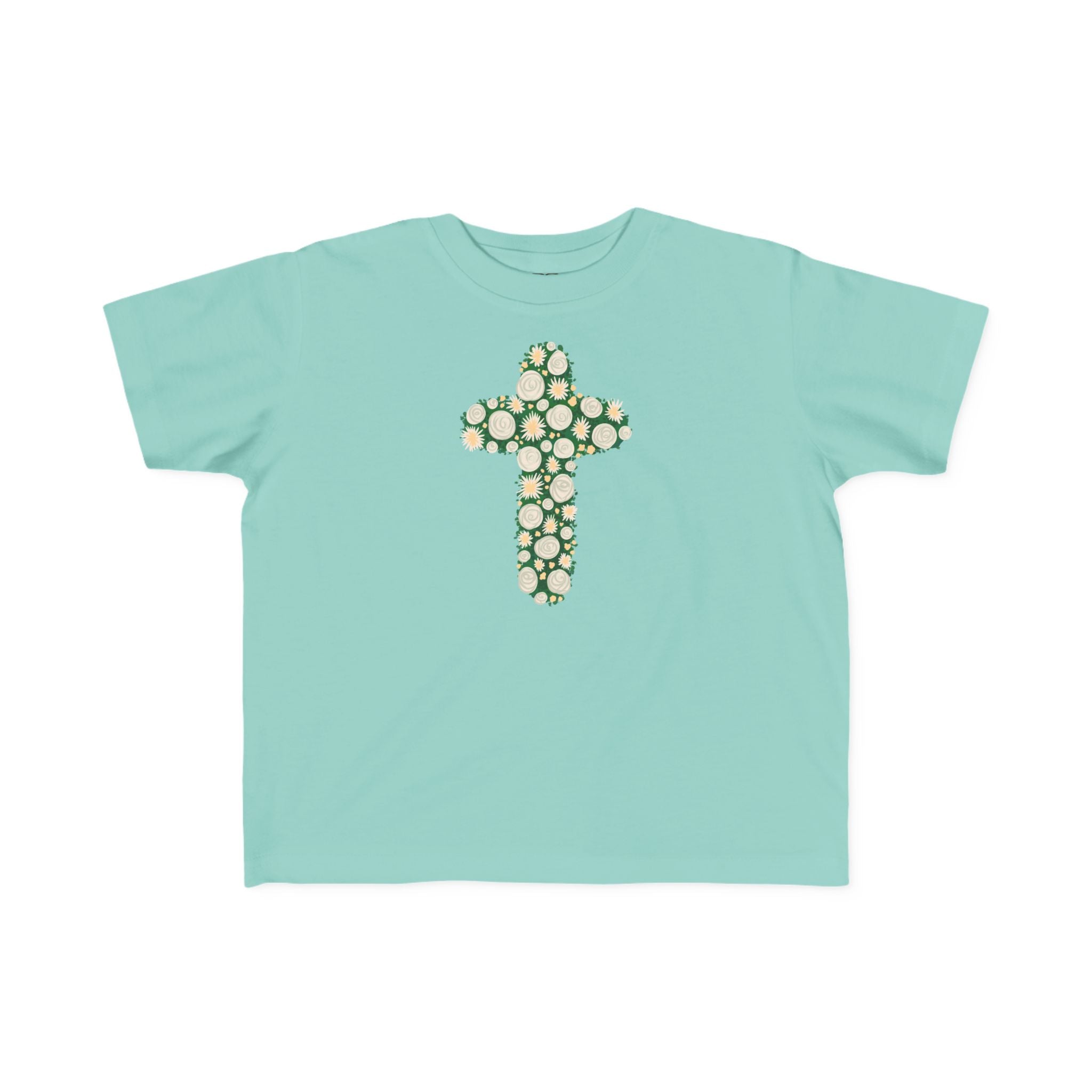 Camiseta para niño con diseño de cruz floral verde inspirada en la fe