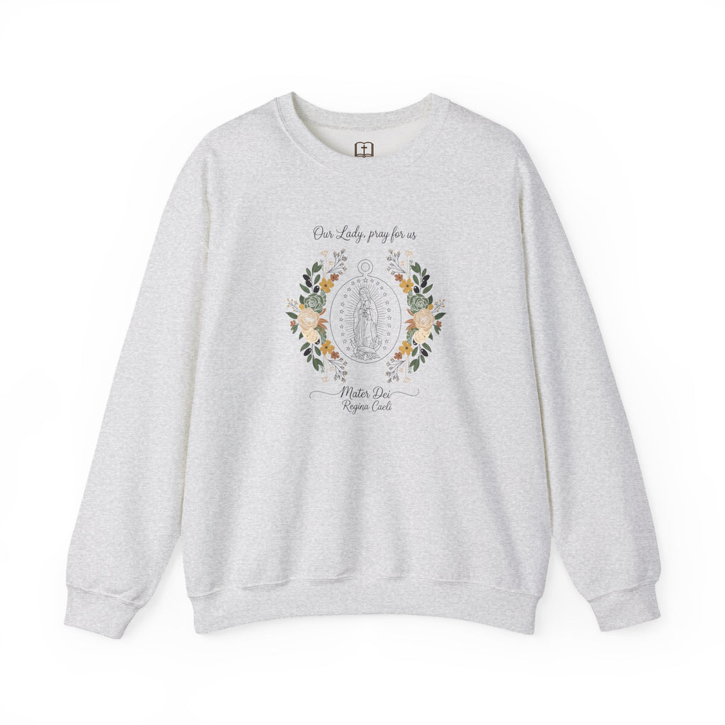 Sudadera católica de cuello redondo con la Medalla Milagrosa Floral de Nuestra Señora, ruega por nosotros