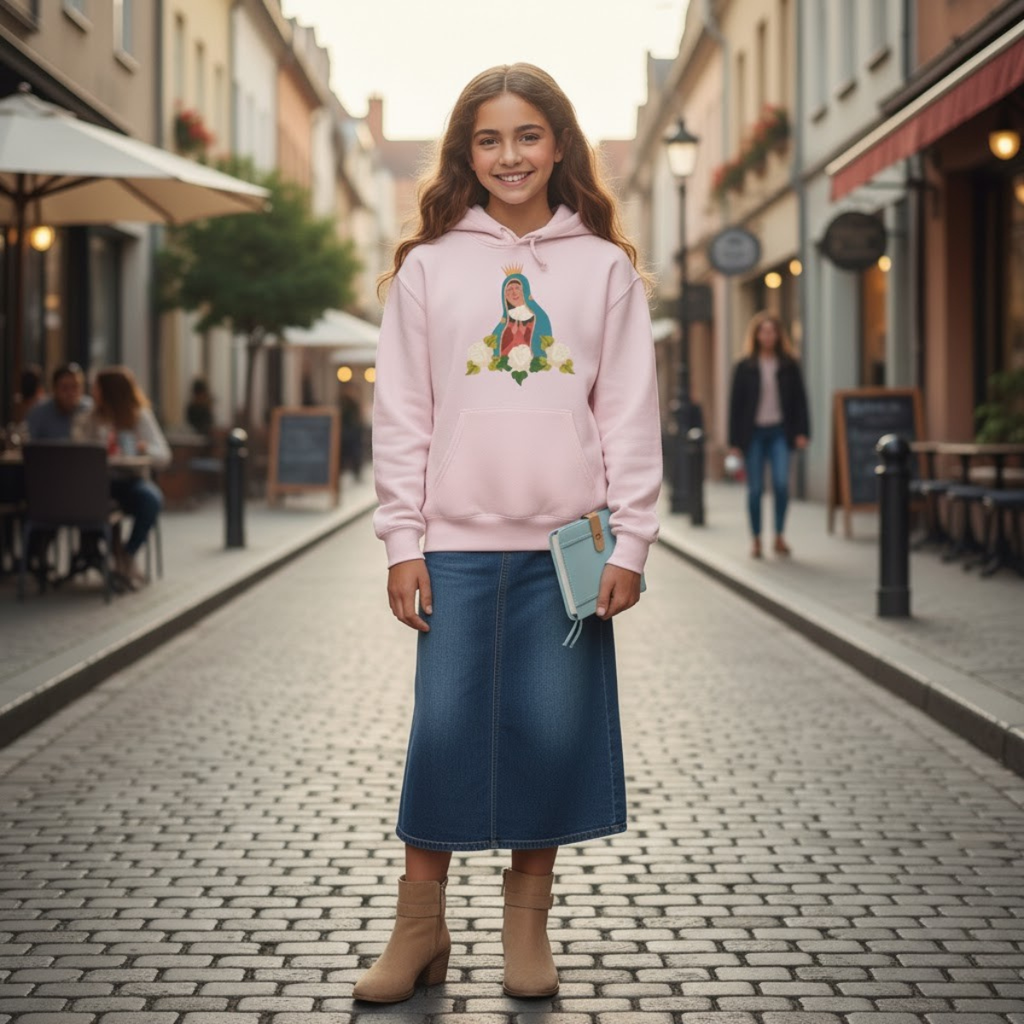 Sudadera con capucha floral de la Virgen María para niñas | Sudadera juvenil inspirada en la fe