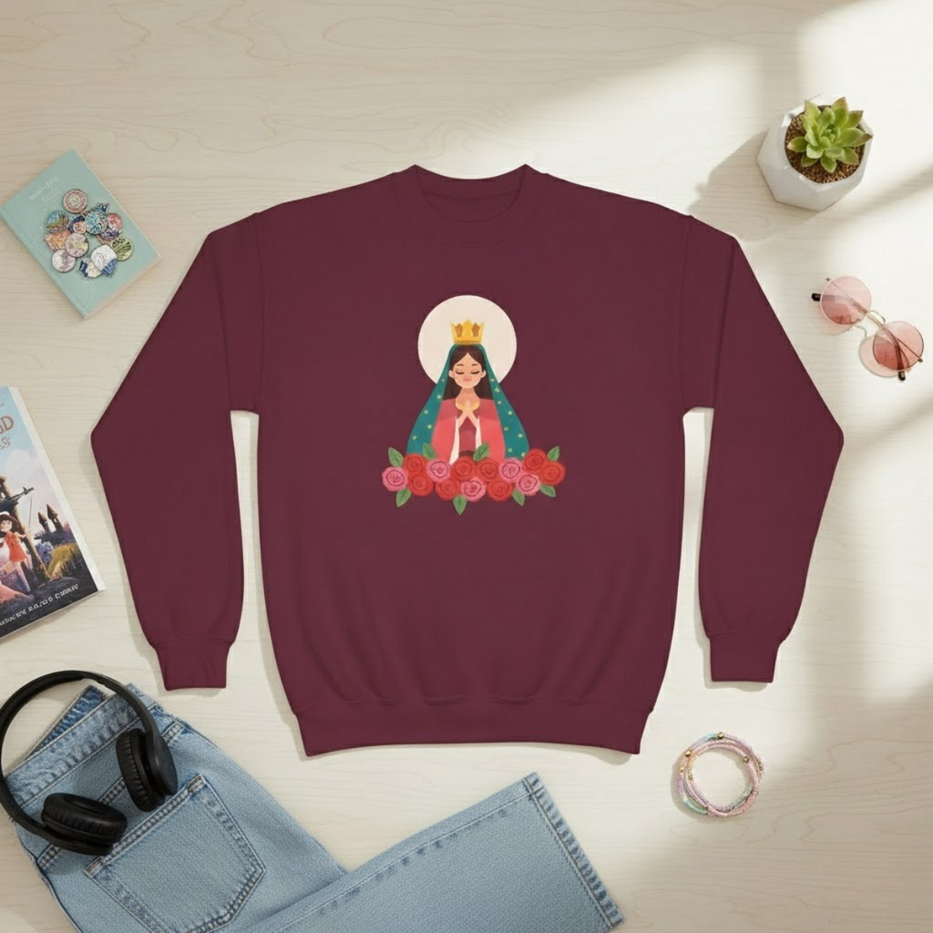 Burgundy youth sweatshirt with illustration of Our Lady, Queen of Roses — Catholic crewneck for girls aged 10–13.
