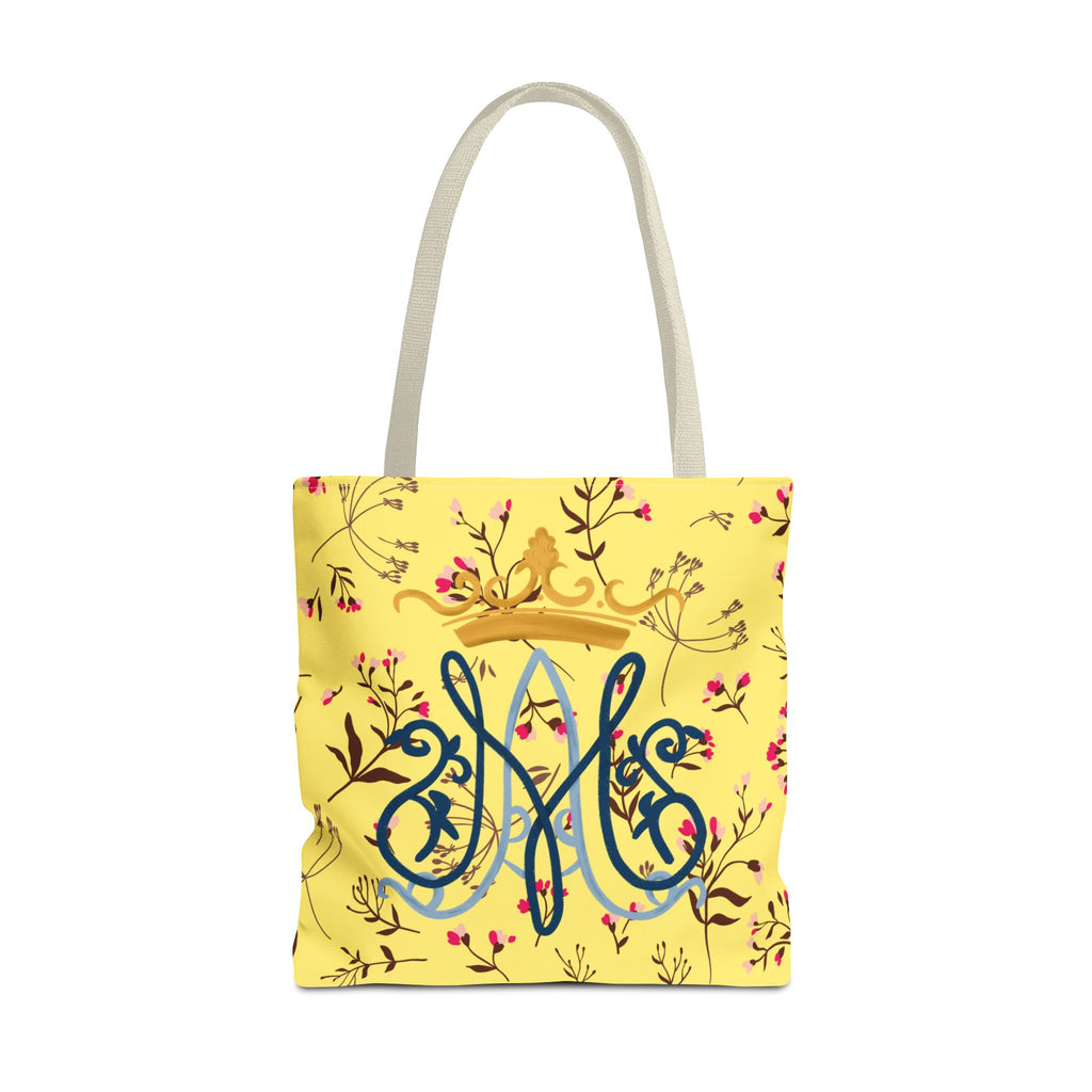 Bolso tote con monograma mariano floral dorado – Colección Reina del Cielo