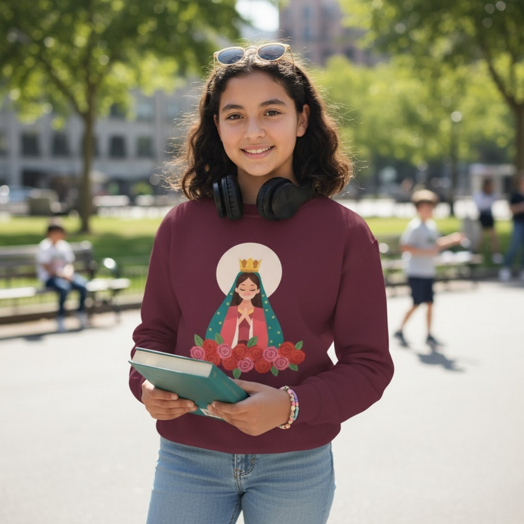 Sudadera juvenil Reina de las Rosas | Sudadera católica de cuello redondo para niñas, inspirada en la fe