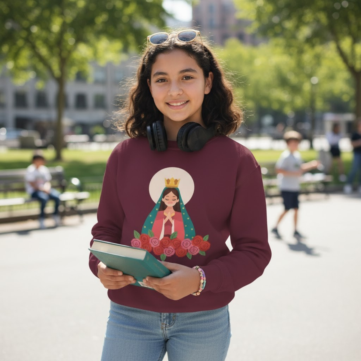 Sudadera juvenil Reina de las Rosas | Sudadera católica de cuello redondo para niñas, inspirada en la fe