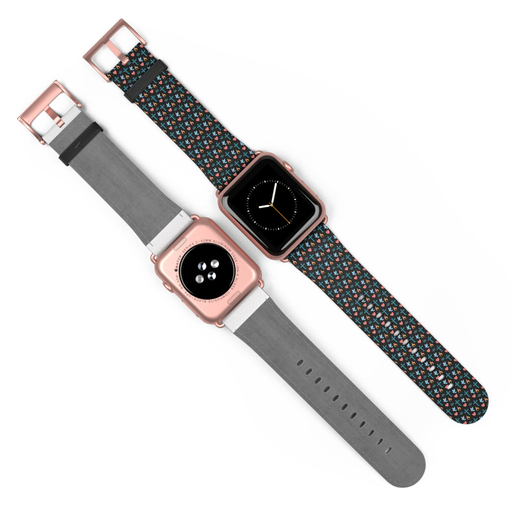 Correa para iWatch con símbolos de fe: diseño de cruz, paloma y corazón para mujer