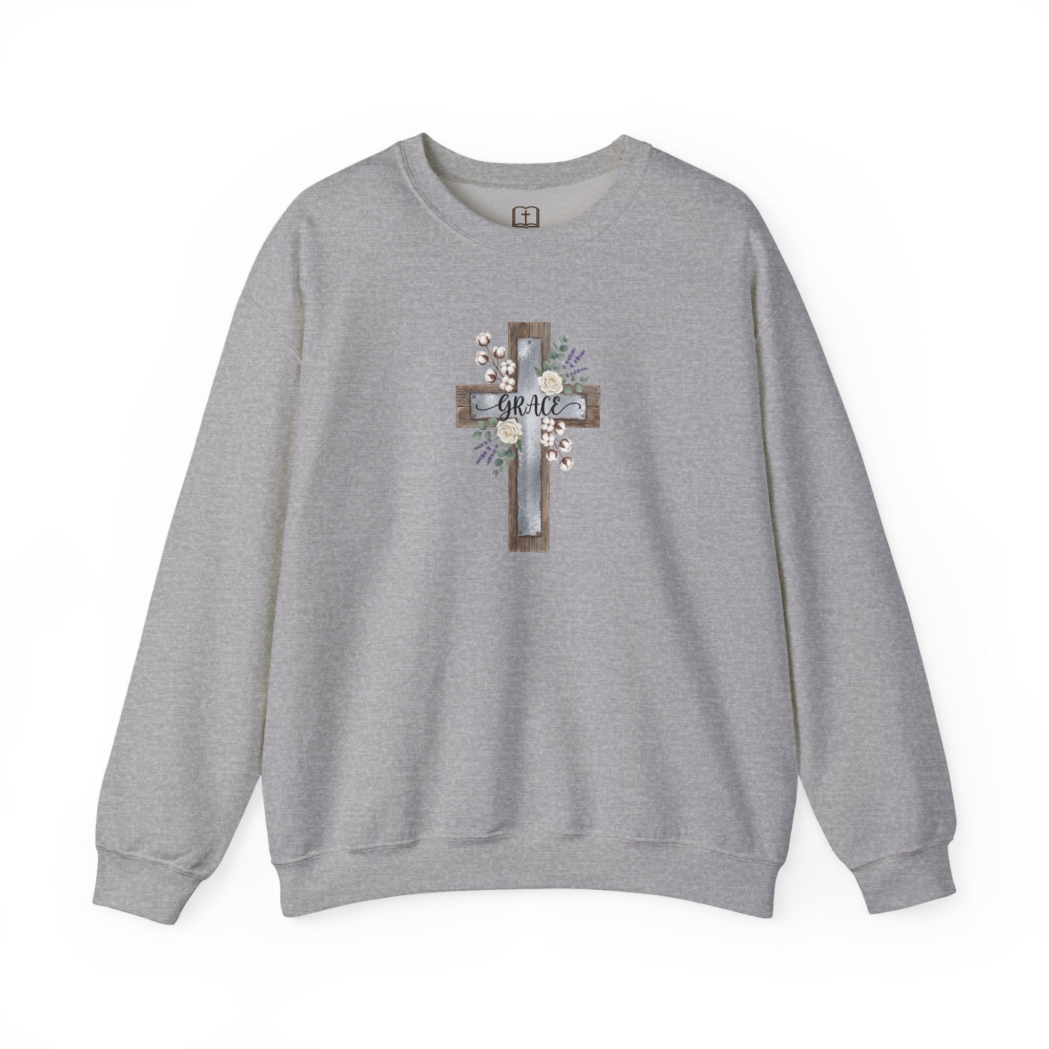 Sudadera católica con estampado floral Grace Cross - Cuello redondo de algodón y lavanda
