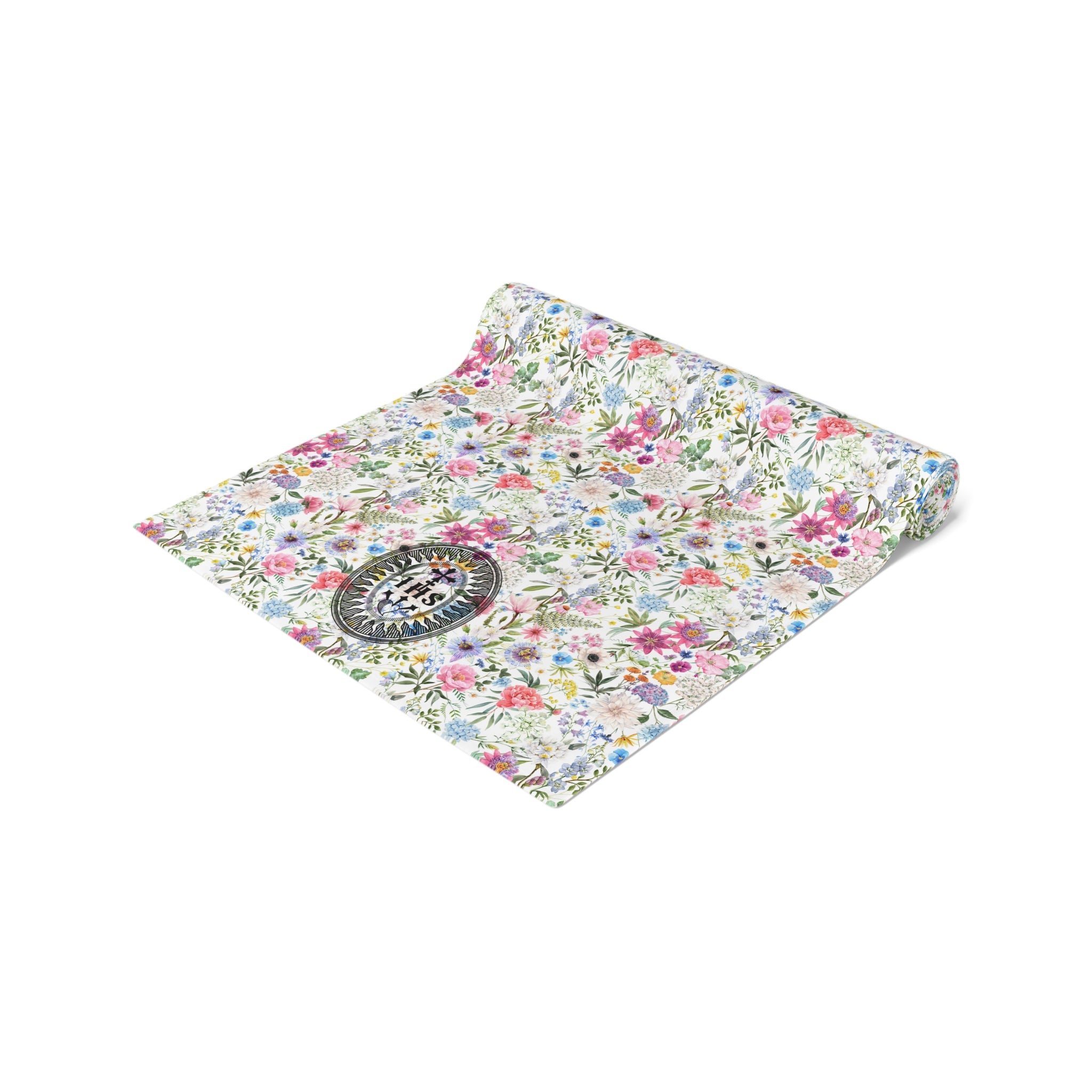 Camino de mesa con medallón floral IHS de reliquia - Decoración católica para el hogar y la fe