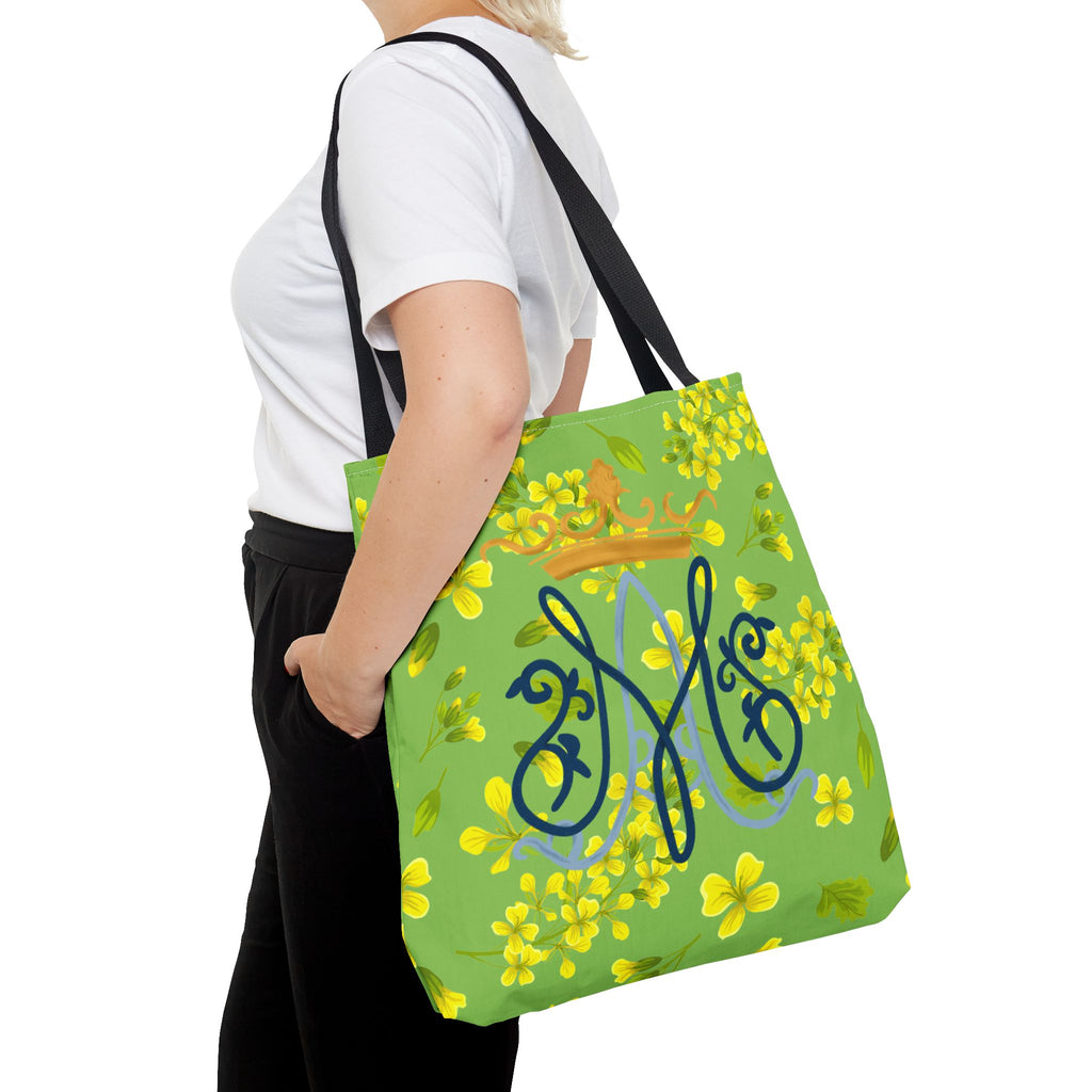 Bolso tote con monograma mariano floral verde – Colección Reina del Cielo