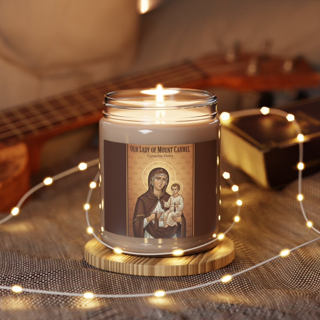 Vela de soja perfumada de Nuestra Señora del Carmen | Decoración relajante para el hogar, dones espirituales, atención plena, aromaterapia, velas de regalo
