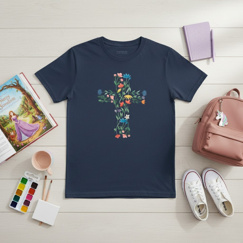 Camiseta infantil con cruz floral | Camiseta cristiana inspirada en la fe para niñas