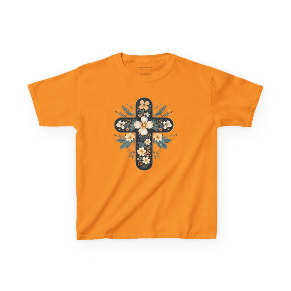 Camiseta infantil con cruz floral y fe | Elegante camiseta cristiana de primavera
