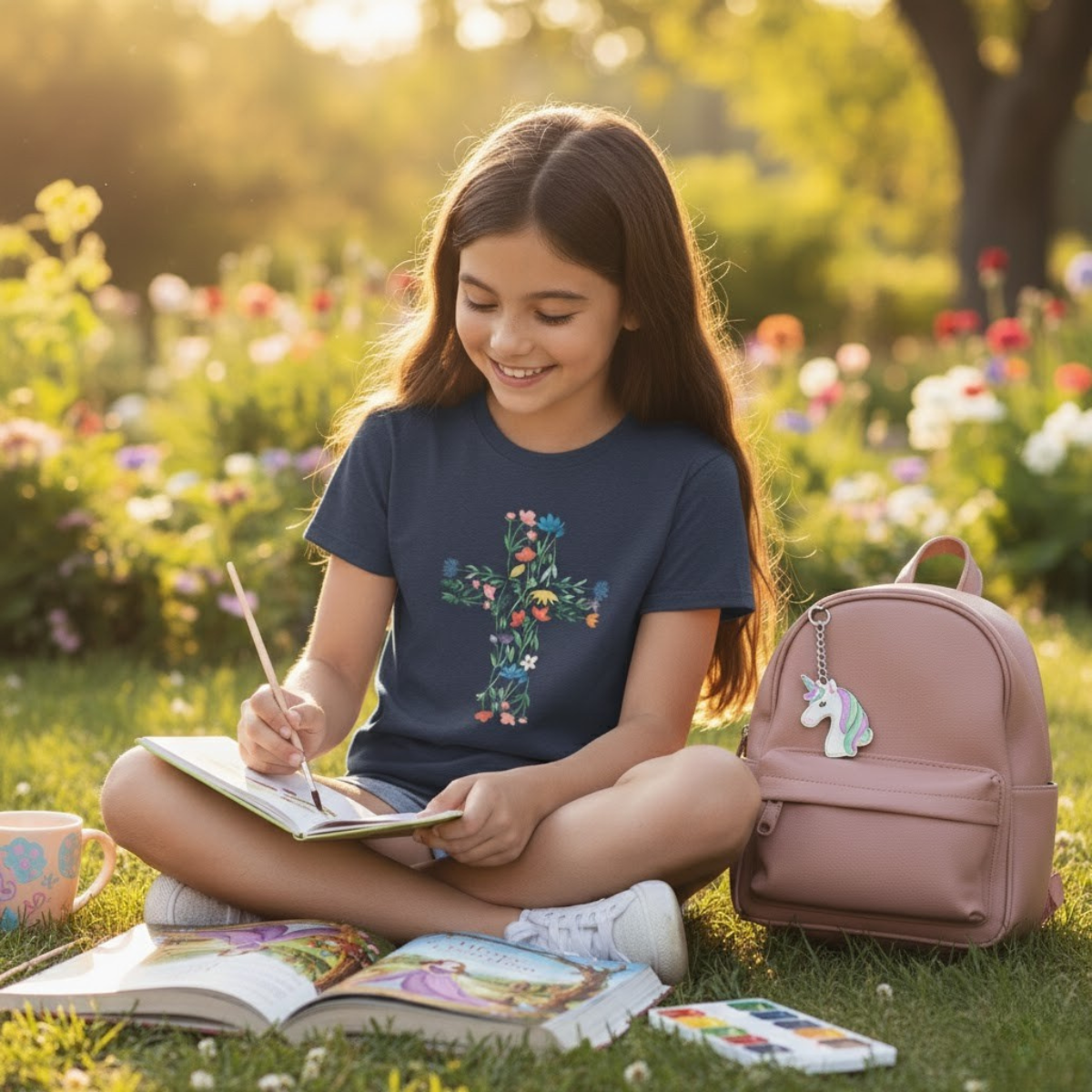 Camiseta infantil con cruz floral | Camiseta cristiana inspirada en la fe para niñas