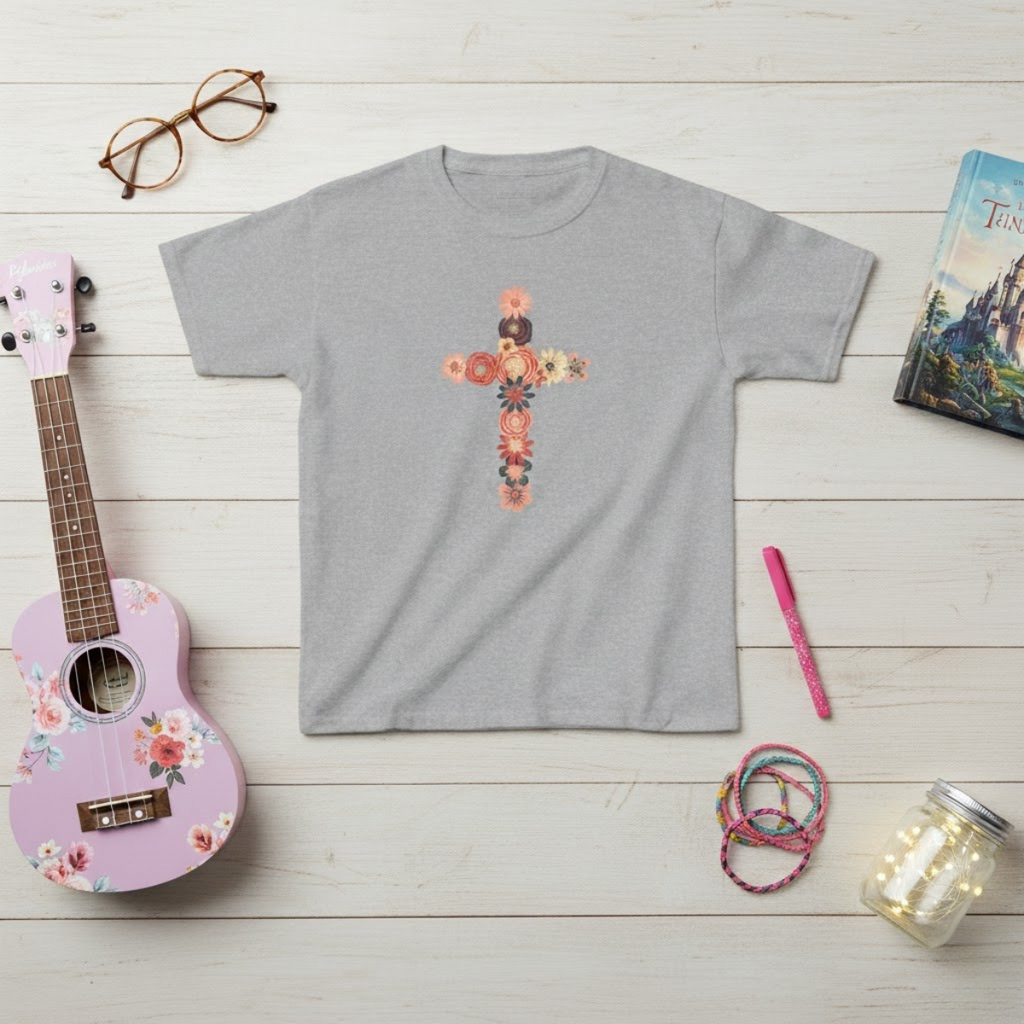 Camiseta infantil con cruz floral | Camiseta cristiana inspirada en la fe para niñas