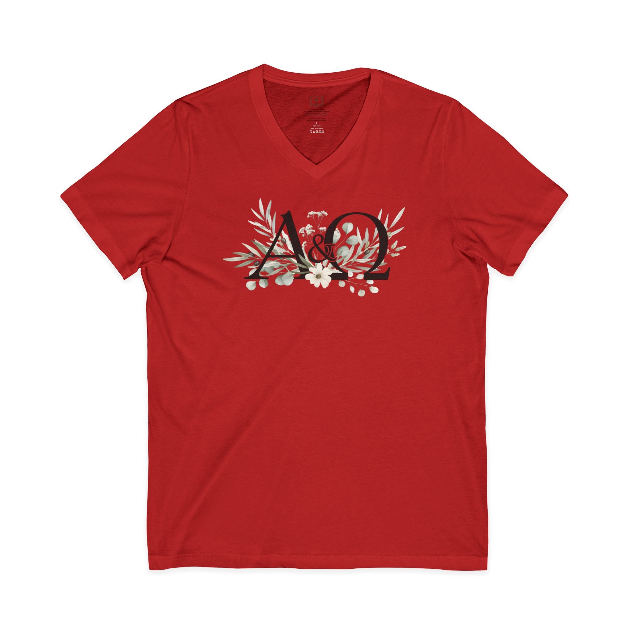 Alpha & Omega Floral V-Neck Tee | Subtle Christian Faith Shirt