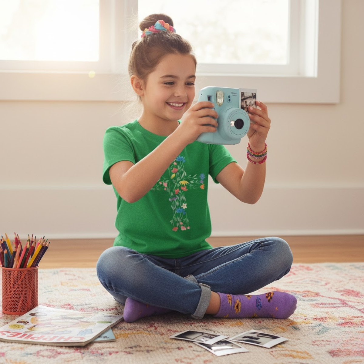 Camiseta infantil con cruz floral | Camiseta cristiana inspirada en la fe para niñas
