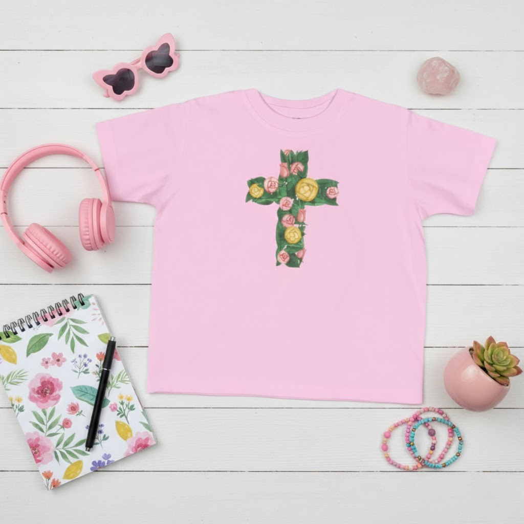 Camiseta infantil con cruz floral | Camiseta cristiana inspirada en la fe para niñas