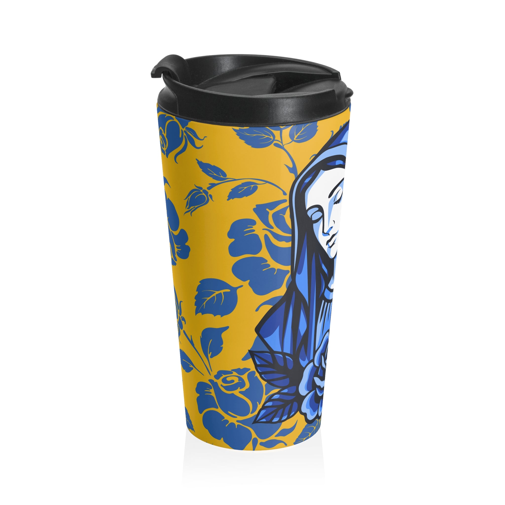Taza de viaje moderna con diseño floral de la Virgen María | Vaso católico 